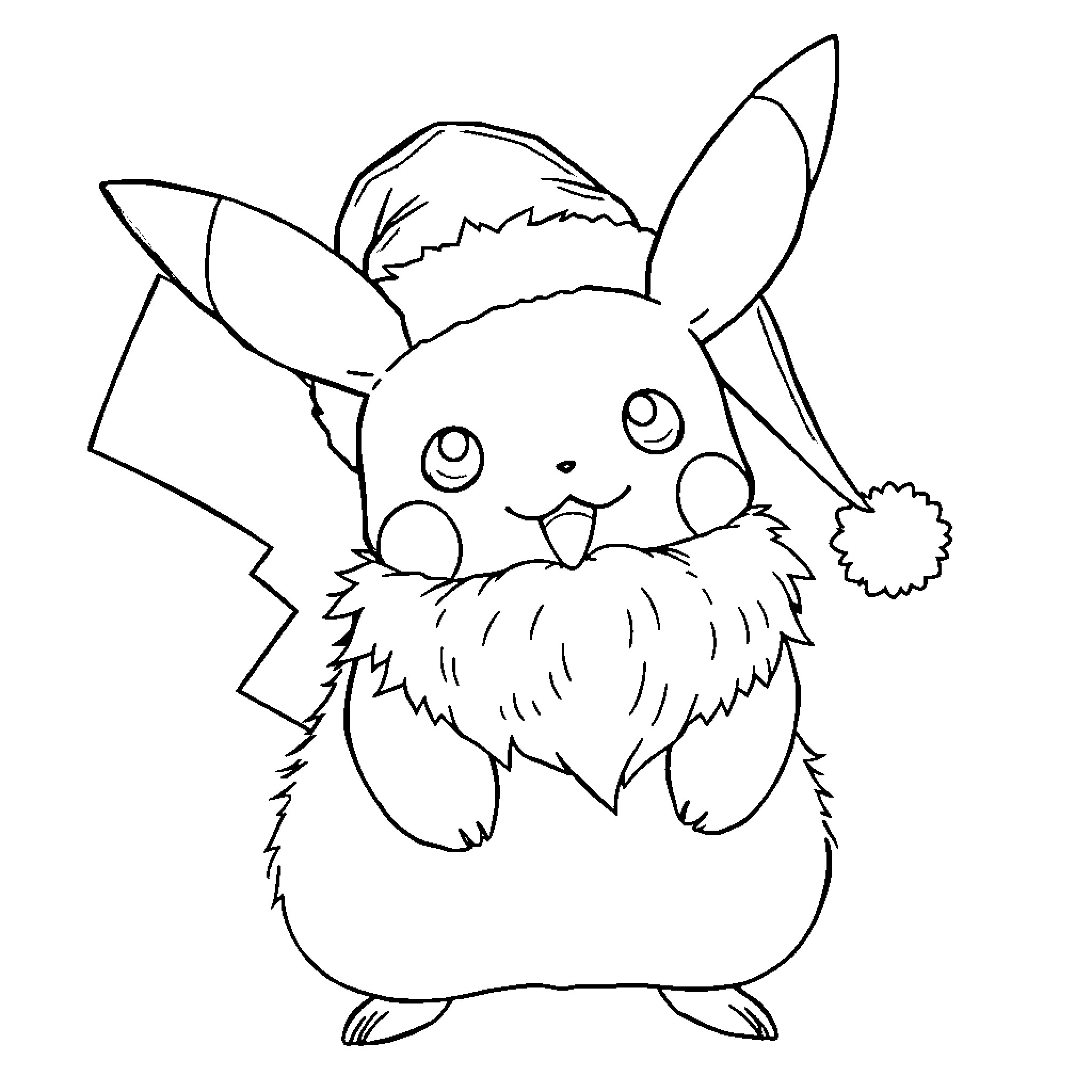 Pikachu wearing a winter hat and smiling Coloring Page (free black-and-white line drawing printable PDF for all, from beginners to advanced learners, including children, teens, adults, and seniors)