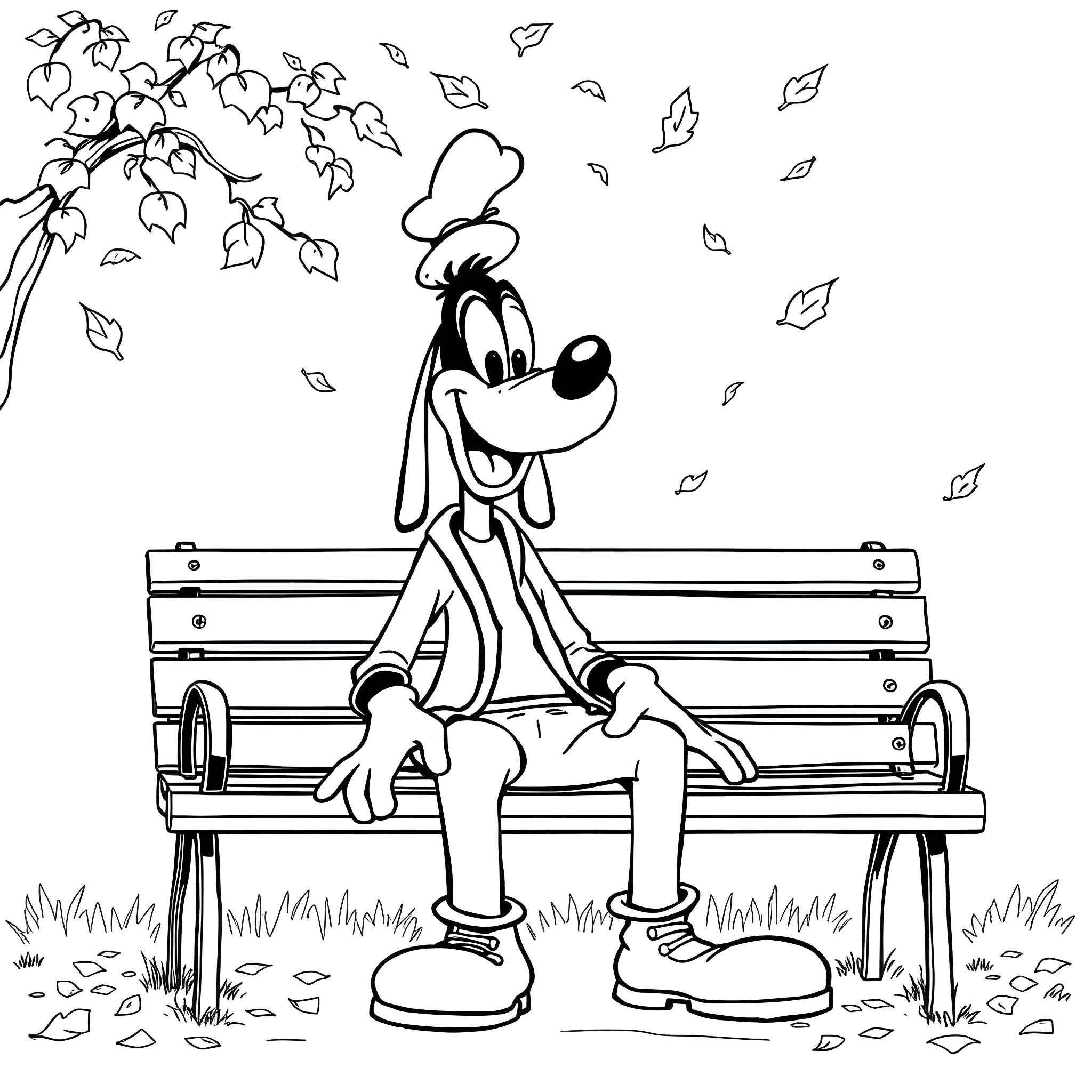 Goofy cartoon character relaxing on a park bench Coloring Page (free black-and-white line drawing printable PDF for all, from beginners to advanced learners, including children, teens, adults, and seniors)