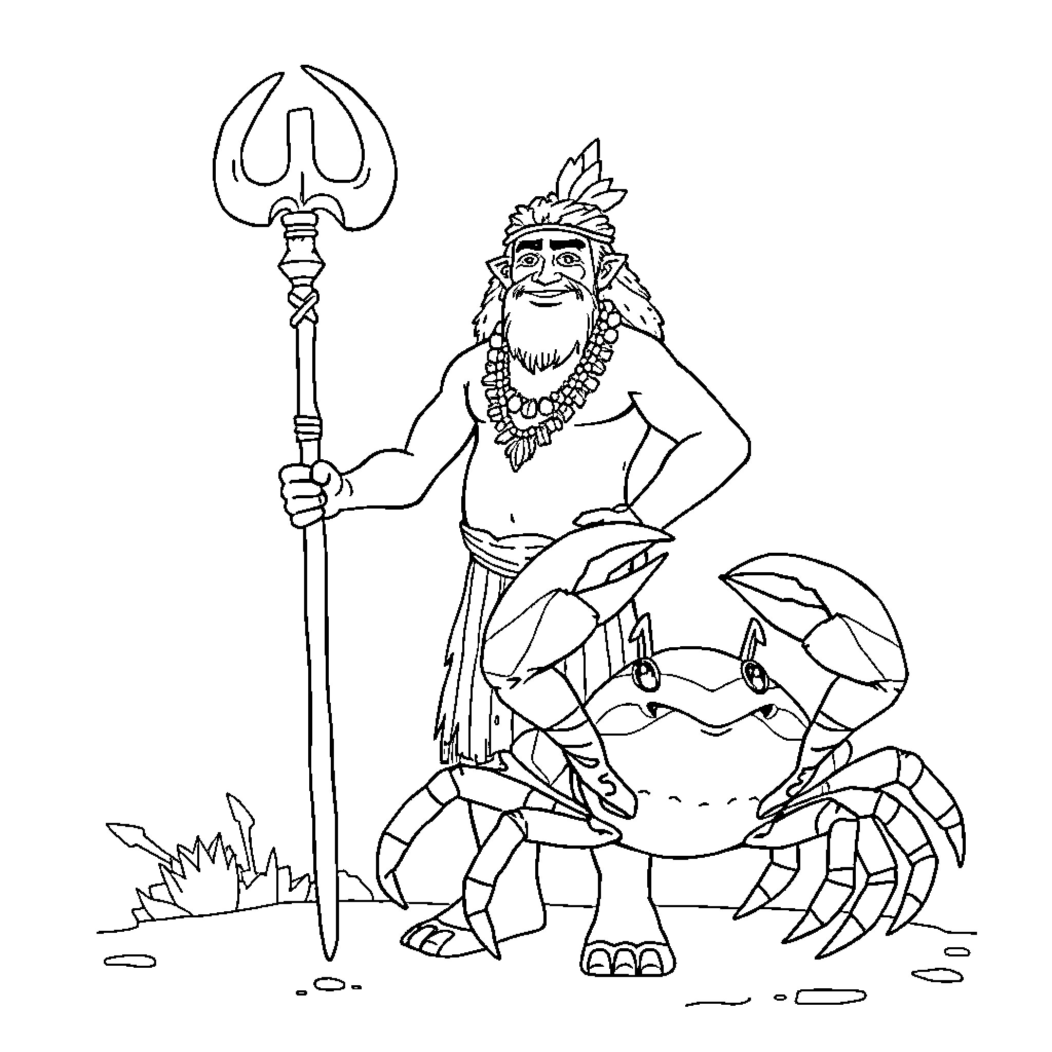 Maui, the Hawaiian mythical deity, wielding his trident Coloring Page (free black-and-white line drawing printable PDF for all, from beginners to advanced learners, including children, teens, adults, and seniors)