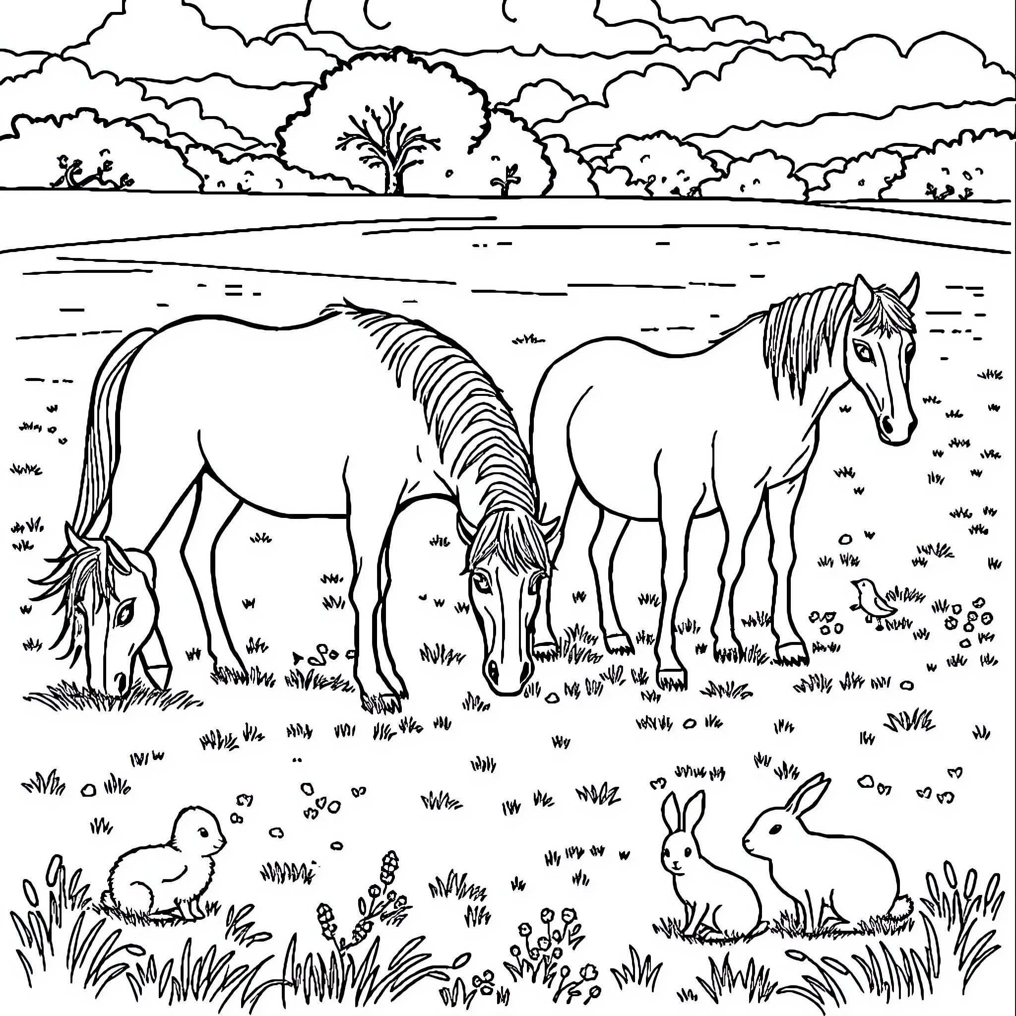 Horse grazing peacefully in a serene countryside landscape Coloring Page (free black-and-white line drawing printable PDF for all, from beginners to advanced learners, including children, teens, adults, and seniors)