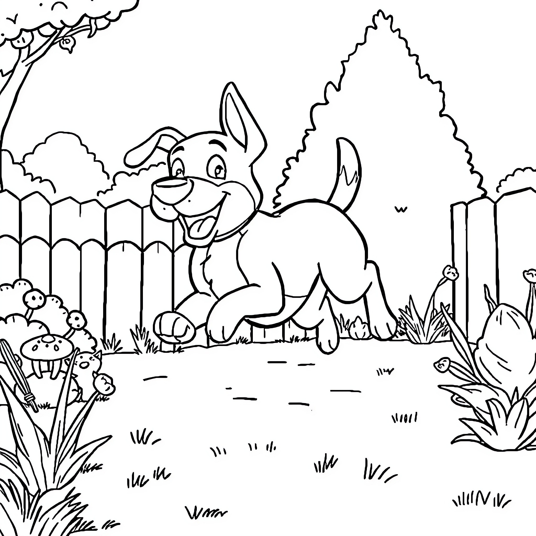 Bluey exploring the outdoor scene happily Coloring Page (free black-and-white line drawing printable PDF for all, from beginners to advanced learners, including children, teens, adults, and seniors)