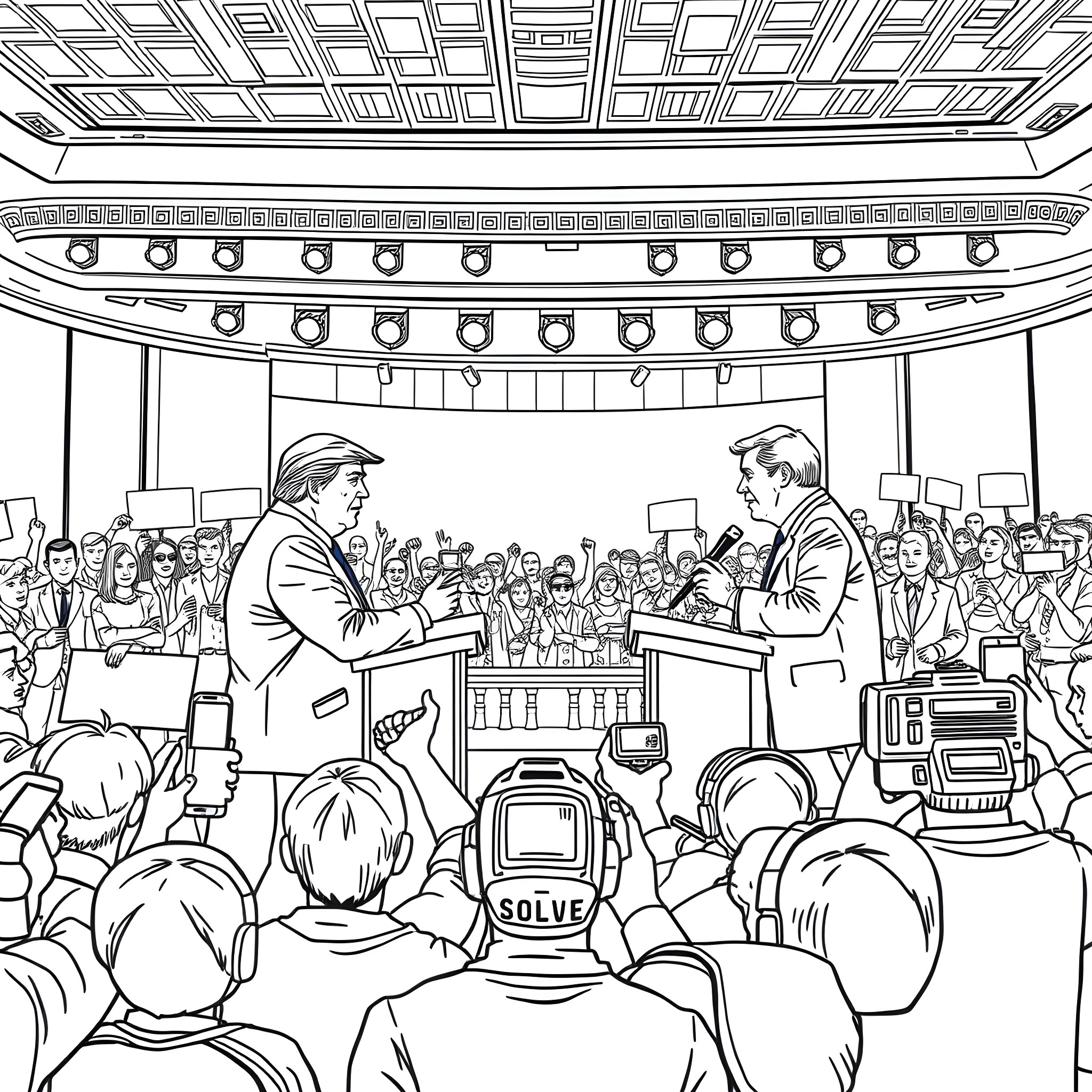 Trump Musk Debate at Televised Presidential Event Coloring Page (free black-and-white line drawing printable PDF for all, from beginners to advanced learners, including children, teens, adults, and seniors)