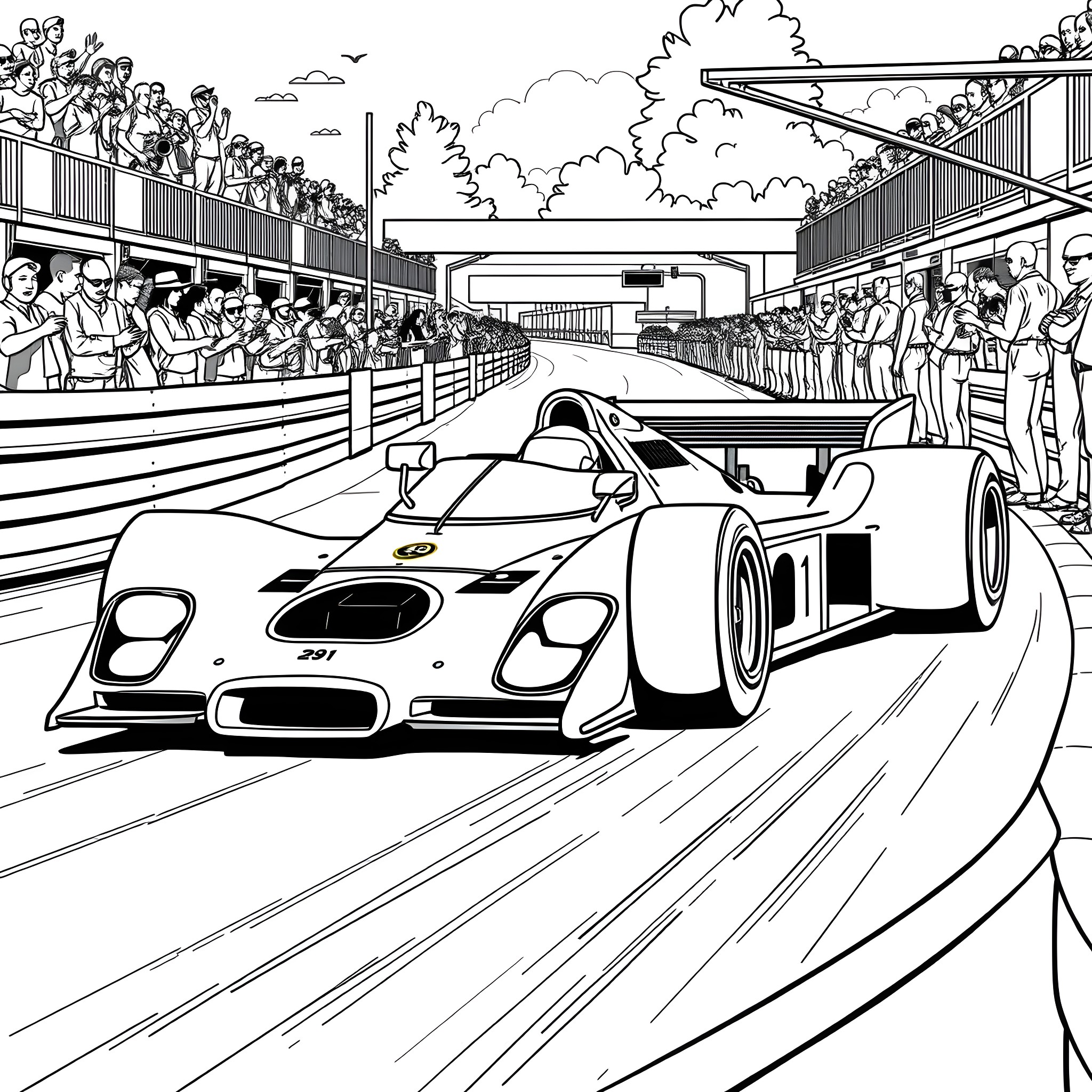 Lotus Racing Car at the Grand Prix Competition Coloring Page (free black-and-white line drawing printable PDF for all, from beginners to advanced learners, including children, teens, adults, and seniors)