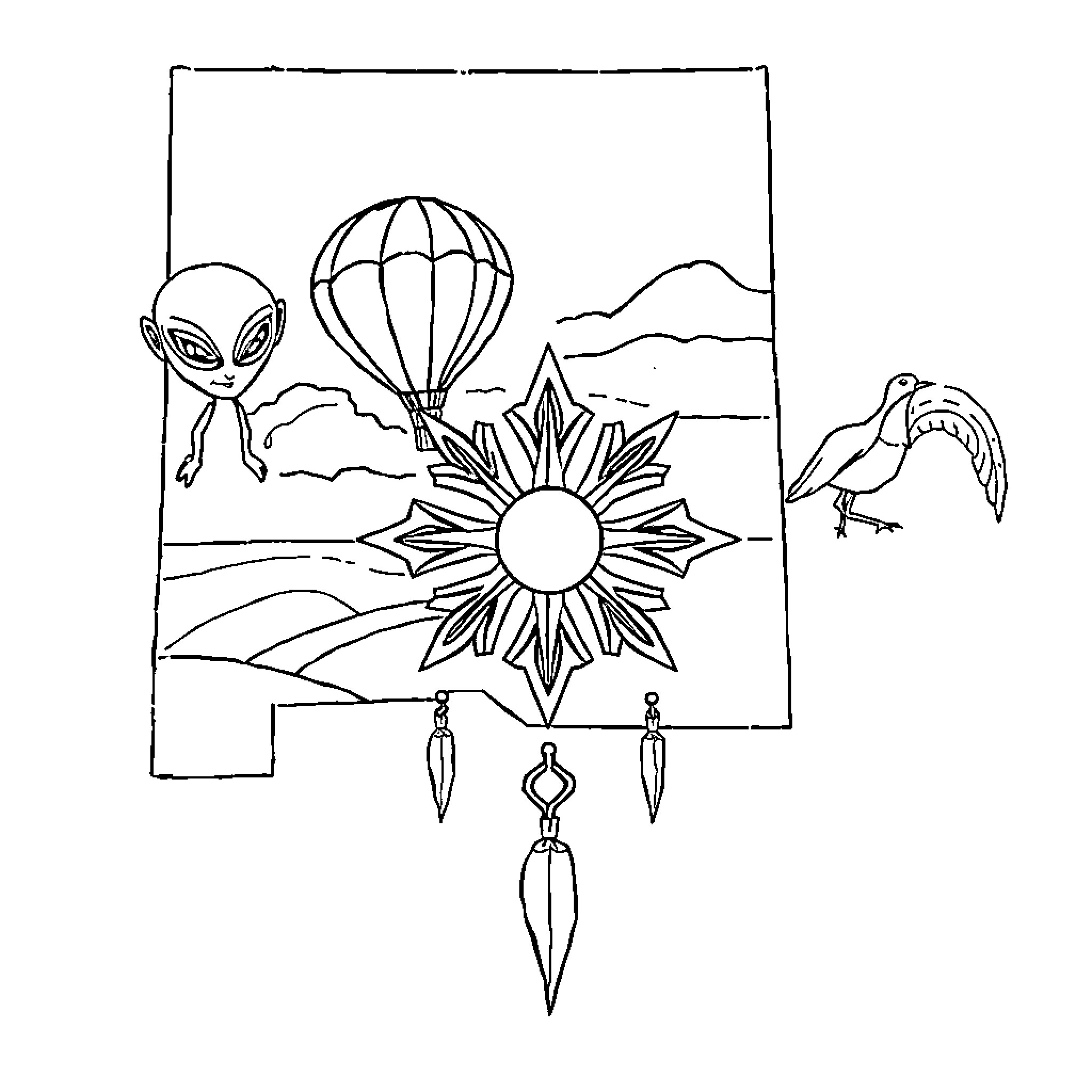 New Mexico Alien Adventure in the Skies Coloring Page (free black-and-white line drawing printable PDF for all, from beginners to advanced learners, including children, teens, adults, and seniors)