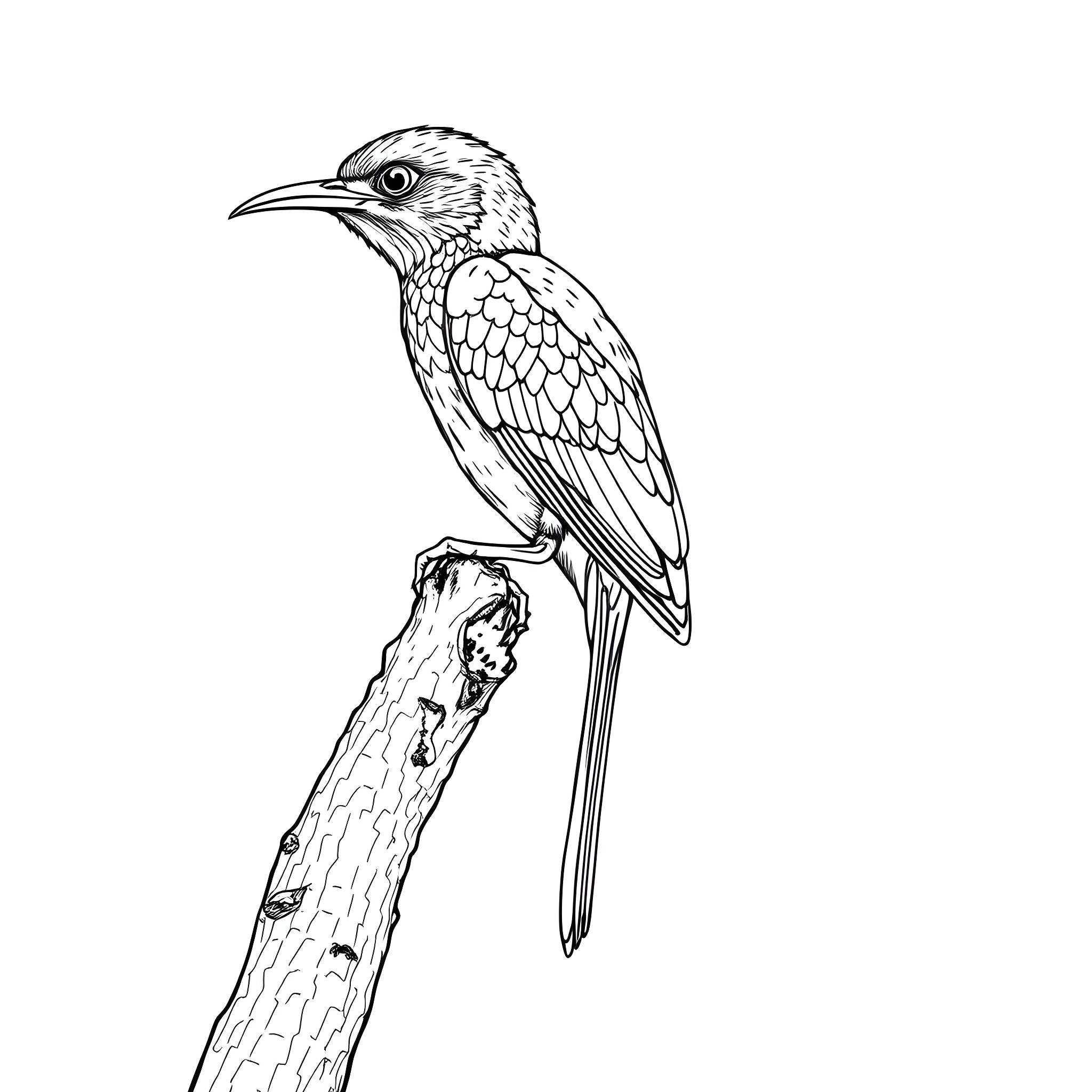 Taveta Weaver perched on branch with intricate feathers Coloring Page (free black-and-white line drawing printable PDF for all, from beginners to advanced learners, including children, teens, adults, and seniors)