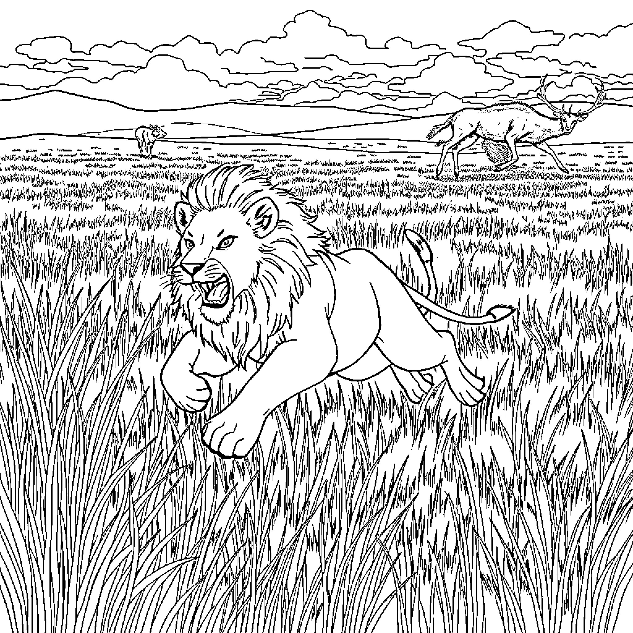 Lion roaming in the vast African savanna Coloring Page (free black-and-white line drawing printable PDF for all, from beginners to advanced learners, including children, teens, adults, and seniors)