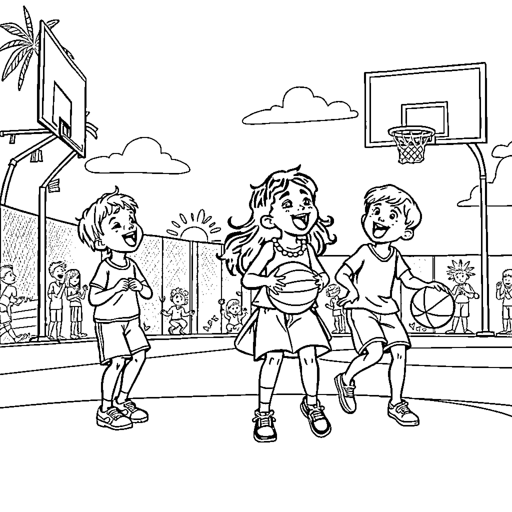 Tralalero Kids Playing Basketball on Outdoor Court Coloring Page (free black-and-white line drawing printable PDF for all, from beginners to advanced learners, including children, teens, adults, and seniors)