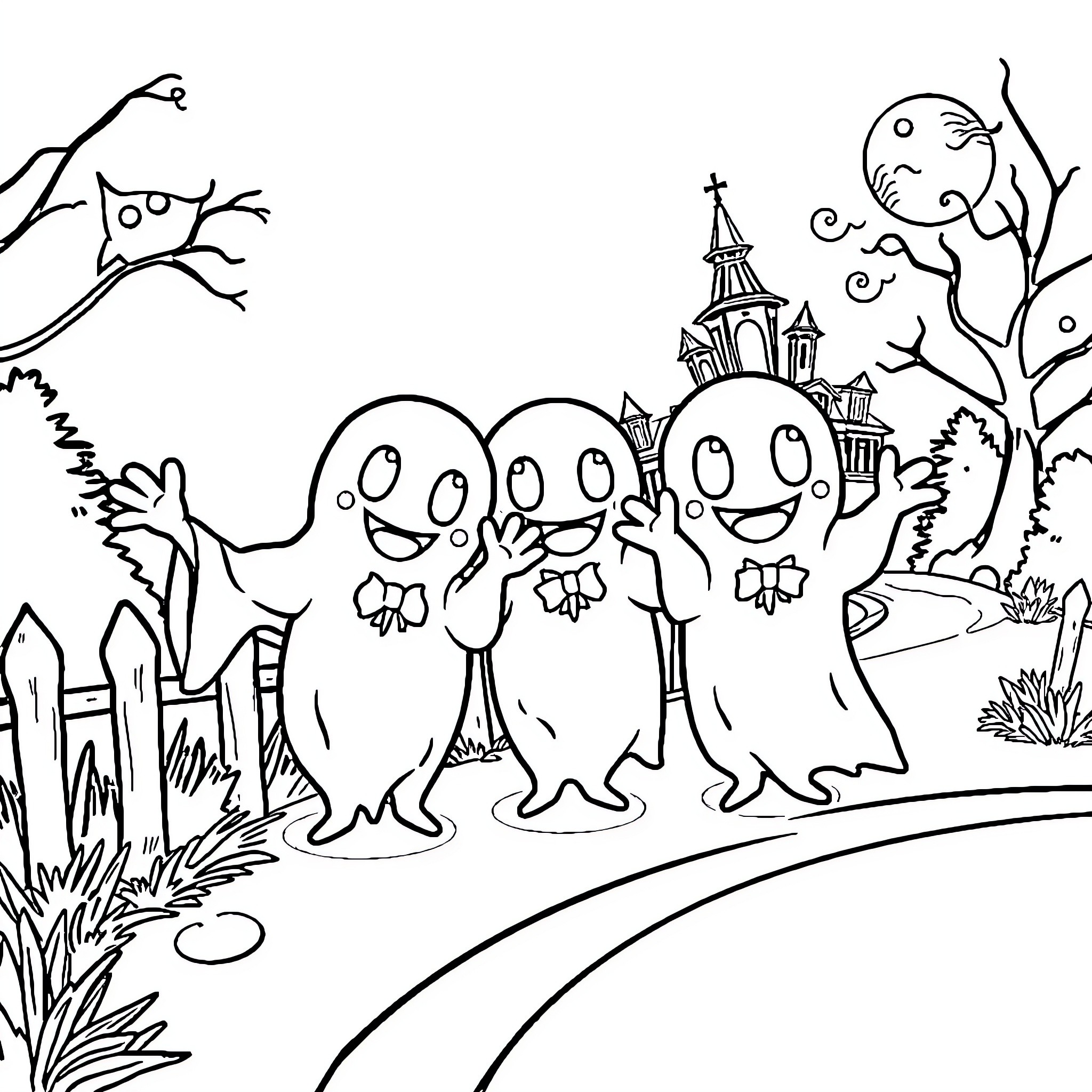 Hitchhiking Ghosts Explore Spooky Landscape Coloring Page (free black-and-white line drawing printable PDF for all, from beginners to advanced learners, including children, teens, adults, and seniors)