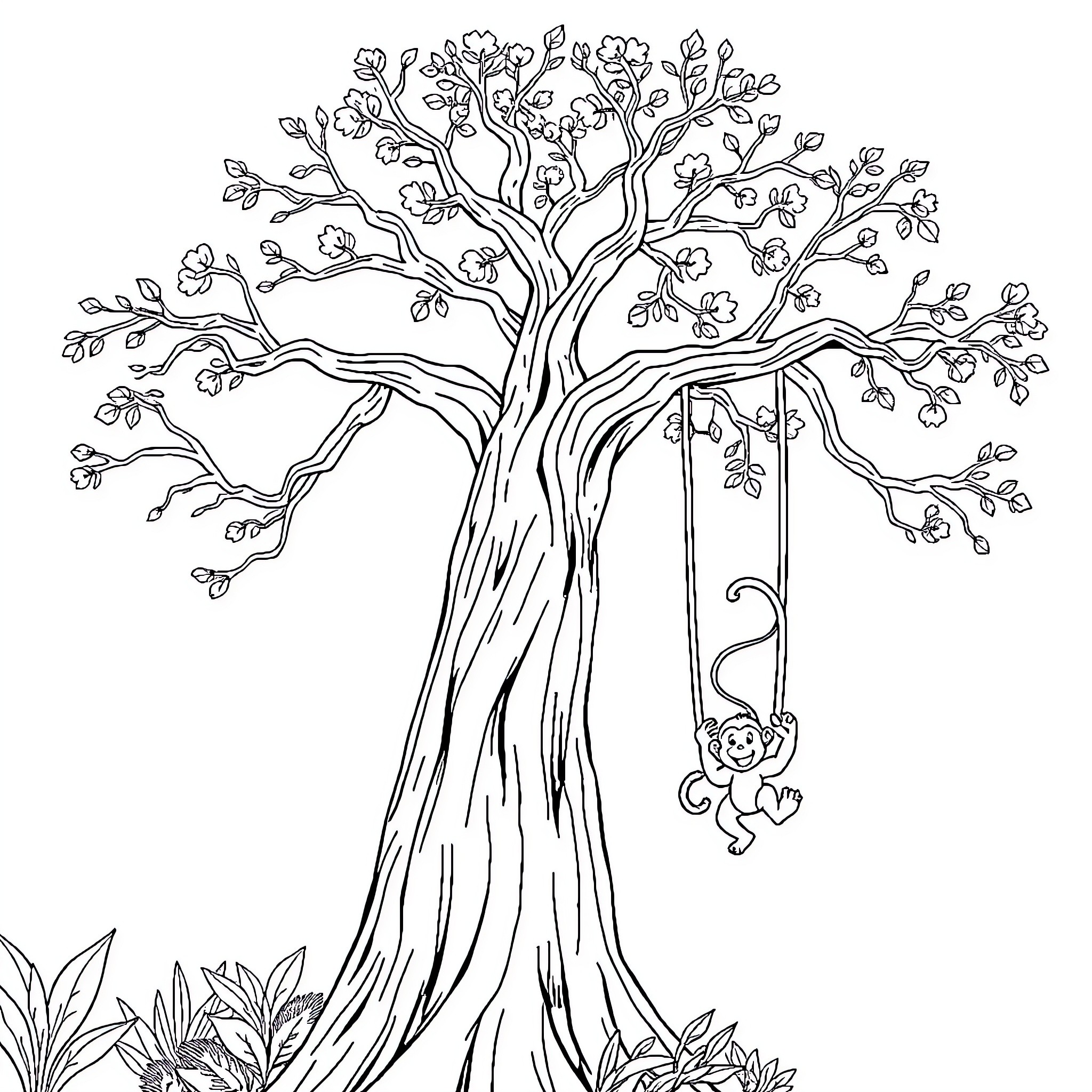 Tree with playful monkey on swing Coloring Page (free black-and-white line drawing printable PDF for all, from beginners to advanced learners, including children, teens, adults, and seniors)
