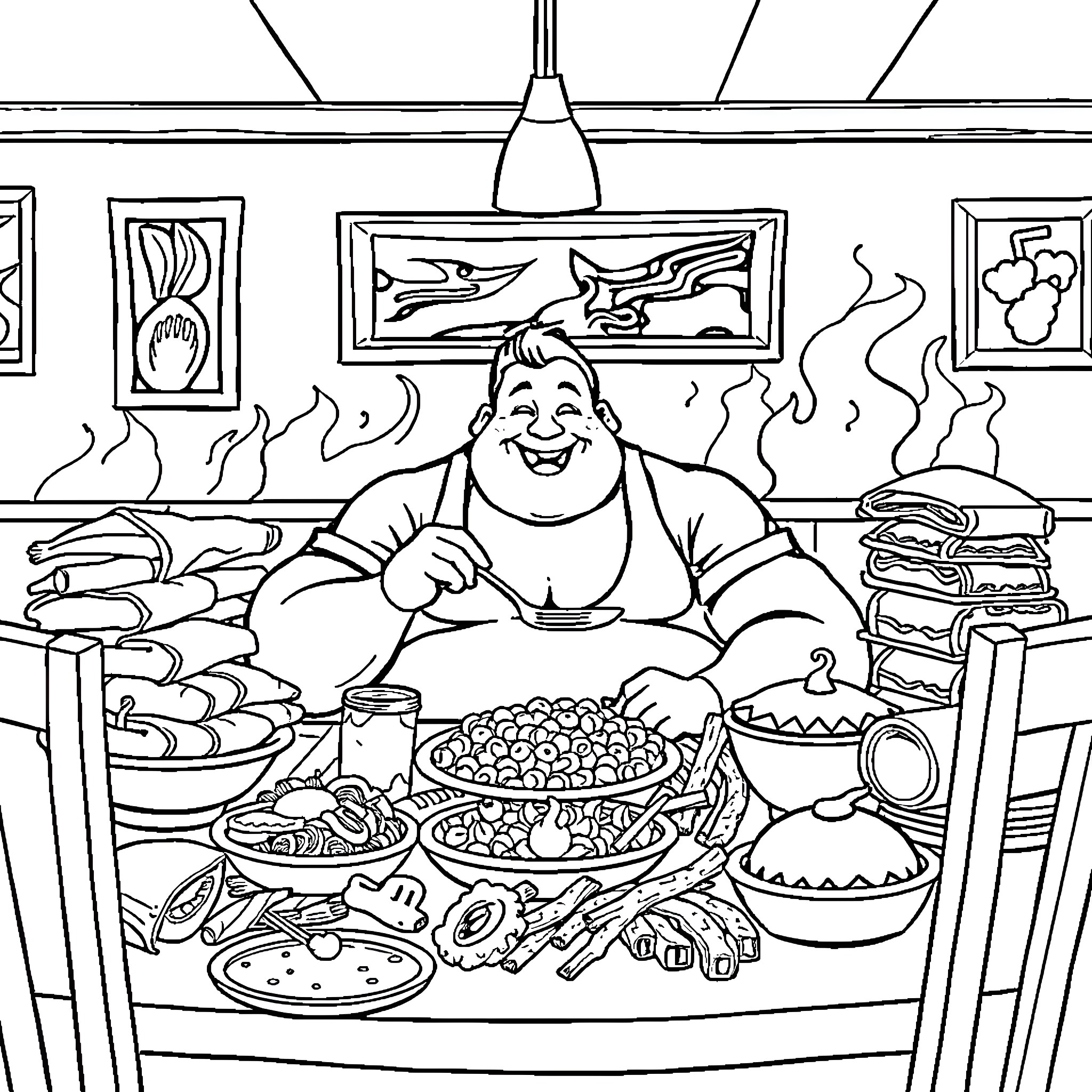 Guy enjoying delectable feast at diner Coloring Page (free black-and-white line drawing printable PDF for all, from beginners to advanced learners, including children, teens, adults, and seniors)