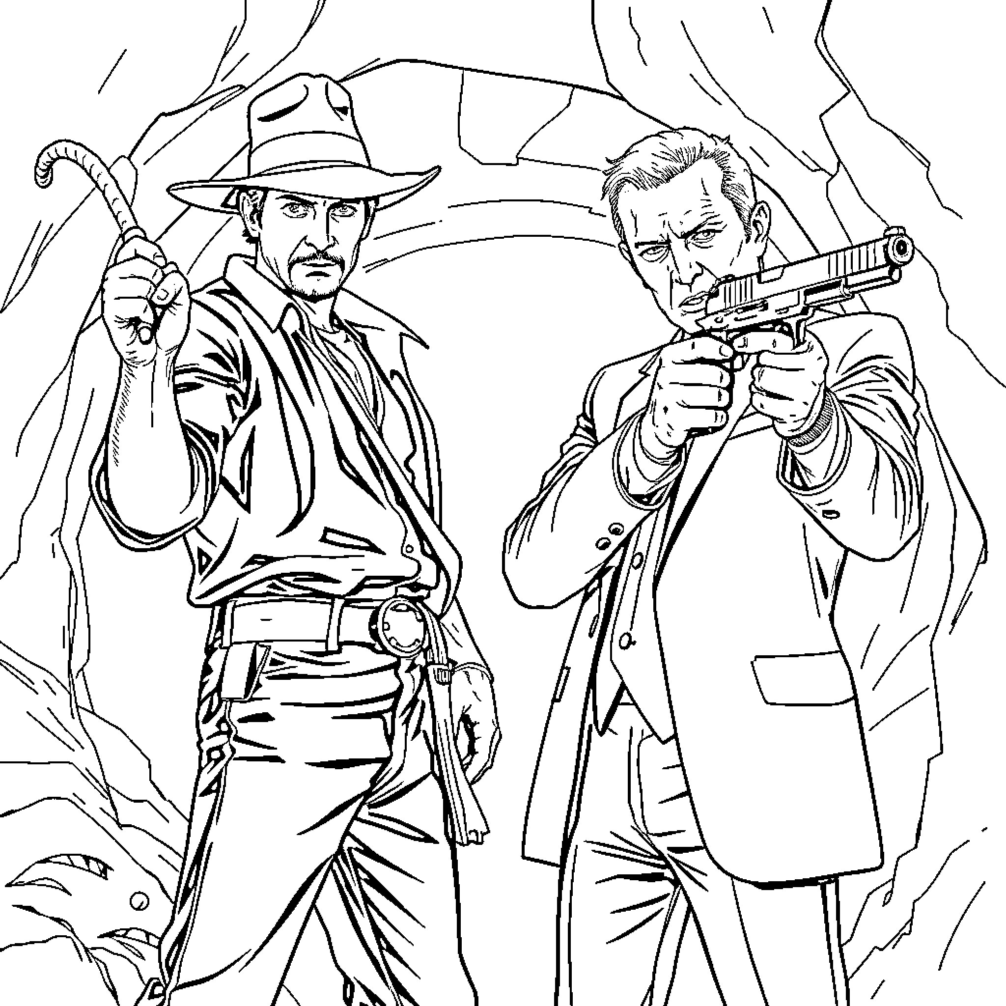 Indiana Jones Action Adventure with Mysterious Stranger Coloring Page (free black-and-white line drawing printable PDF for all, from beginners to advanced learners, including children, teens, adults, and seniors)