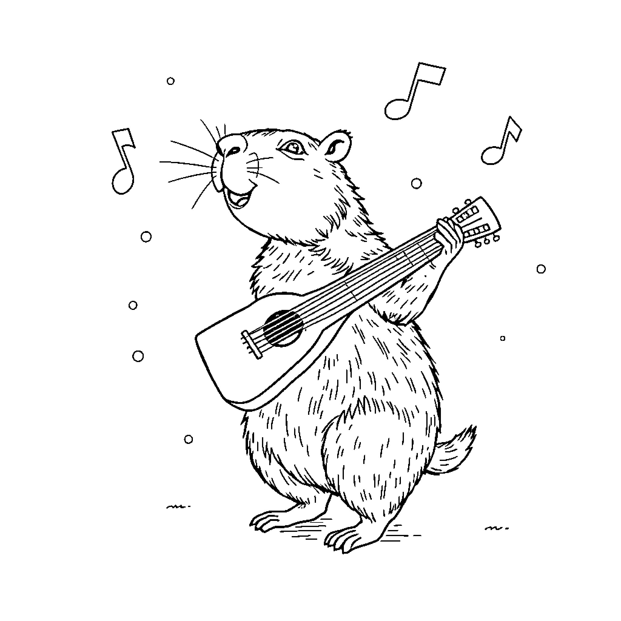 Capybara playing guitar and singing joyfully Coloring Page (free black-and-white line drawing printable PDF for all, from beginners to advanced learners, including children, teens, adults, and seniors)