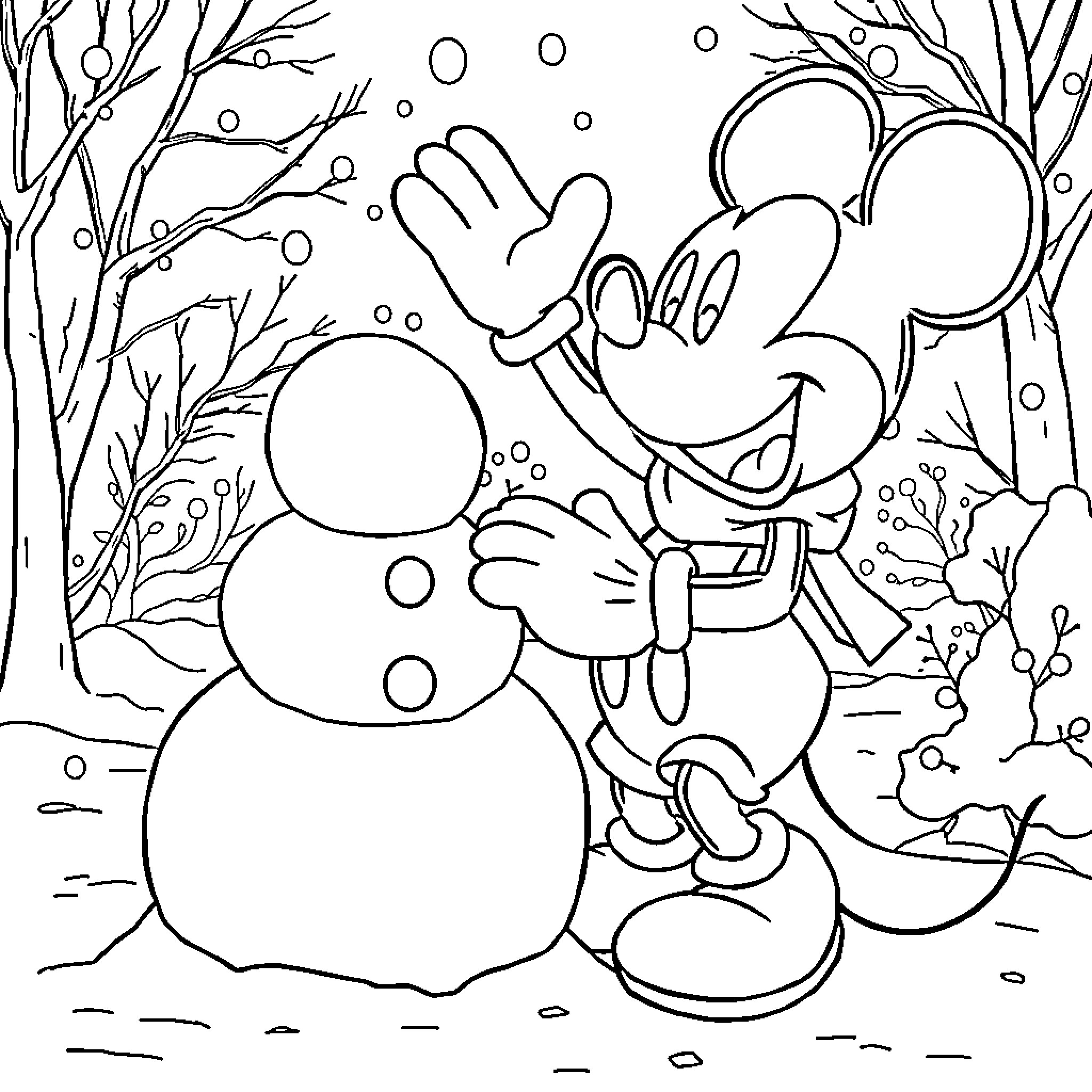 Mickey Mouse building a snowman in the winter scene Coloring Page (free black-and-white line drawing printable PDF for all, from beginners to advanced learners, including children, teens, adults, and seniors)