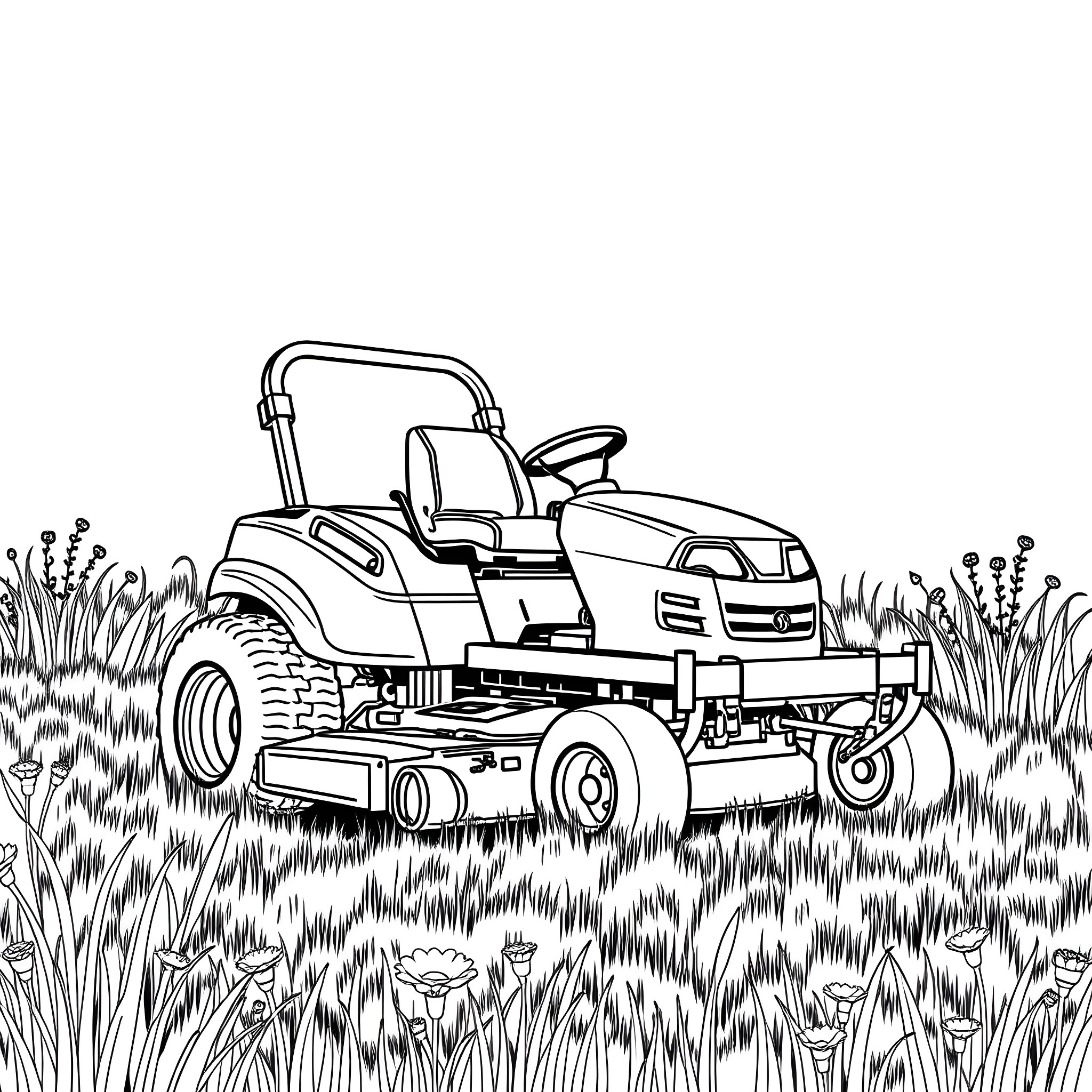 Mower cutting grass in the field Coloring Page (free black-and-white line drawing printable PDF for all, from beginners to advanced learners, including children, teens, adults, and seniors)