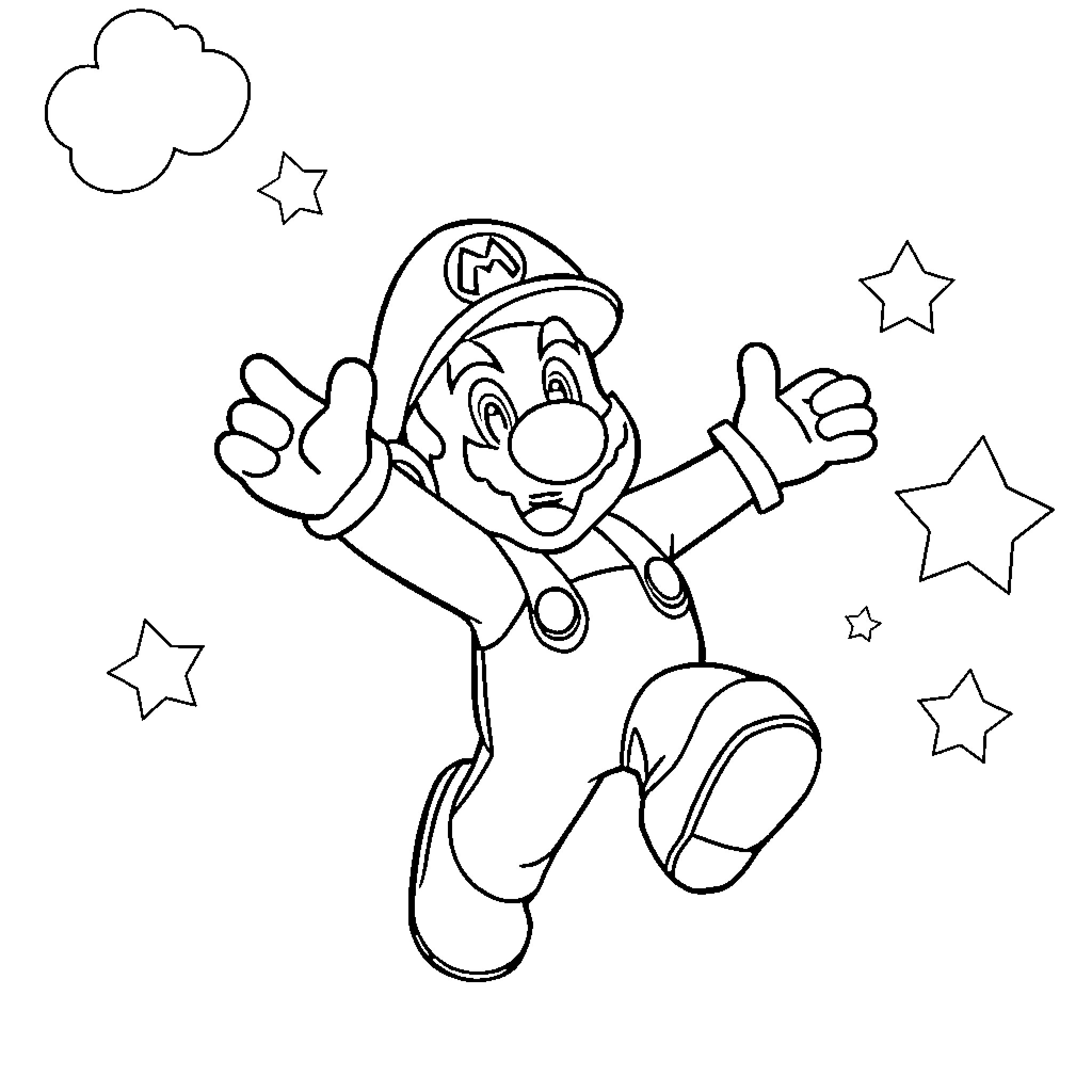Super Mario jumping happily with stars Coloring Page (free black-and-white line drawing printable PDF for all, from beginners to advanced learners, including children, teens, adults, and seniors)