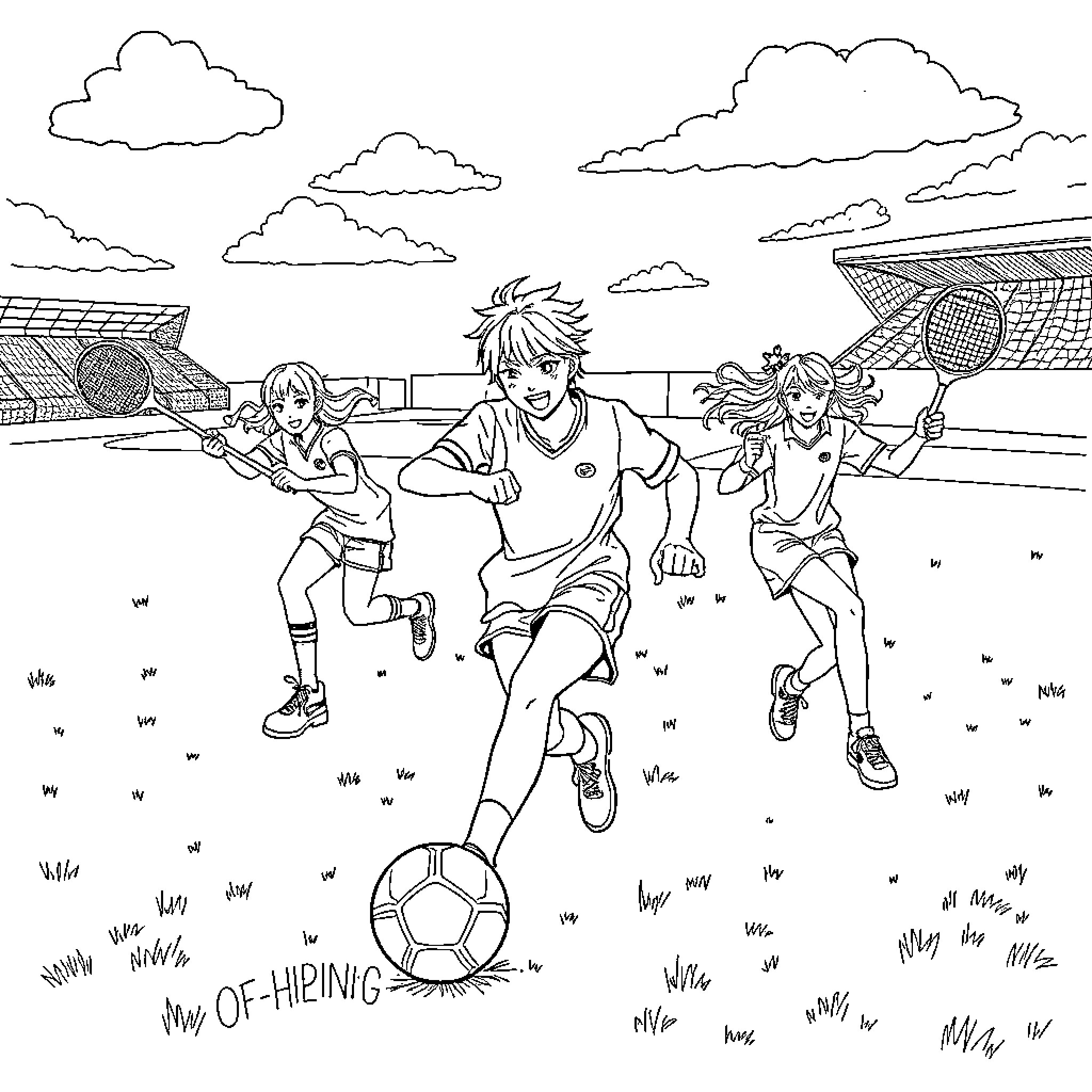 K-Pop Character Playing Soccer with Friends Coloring Page (free black-and-white line drawing printable PDF for all, from beginners to advanced learners, including children, teens, adults, and seniors)