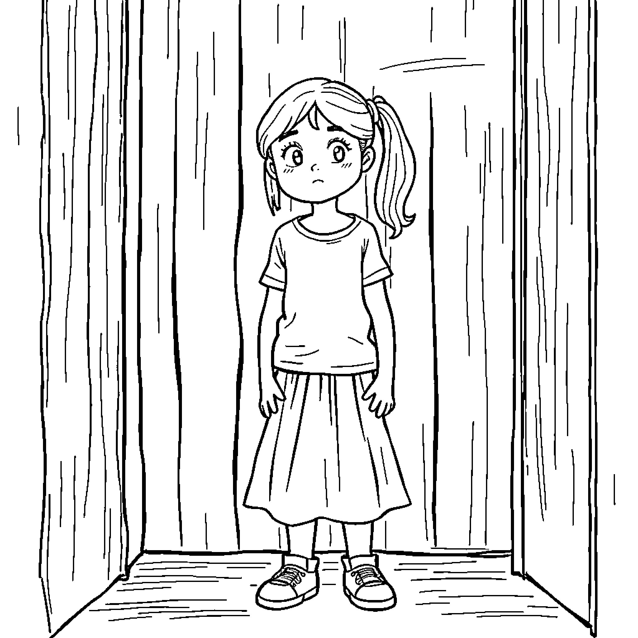 Woman in a sad expression standing in a dark alley Coloring Page (free black-and-white line drawing printable PDF for all, from beginners to advanced learners, including children, teens, adults, and seniors)