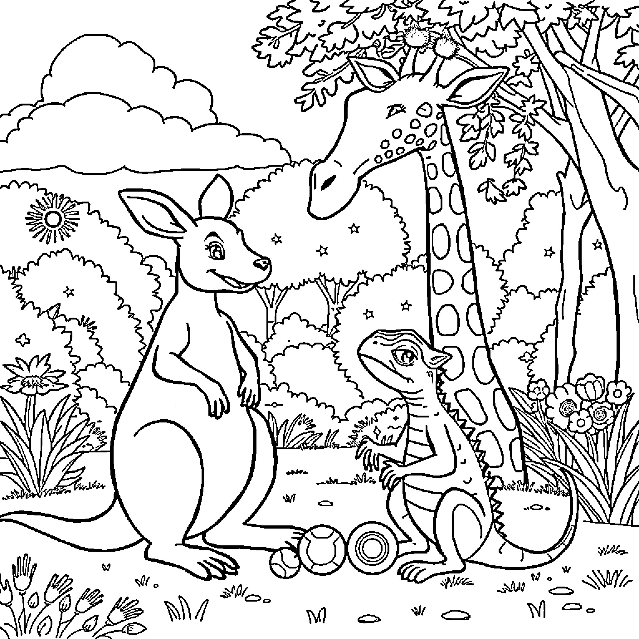 Kangaroos exploring the lush forest landscape Coloring Page (free black-and-white line drawing printable PDF for all, from beginners to advanced learners, including children, teens, adults, and seniors)