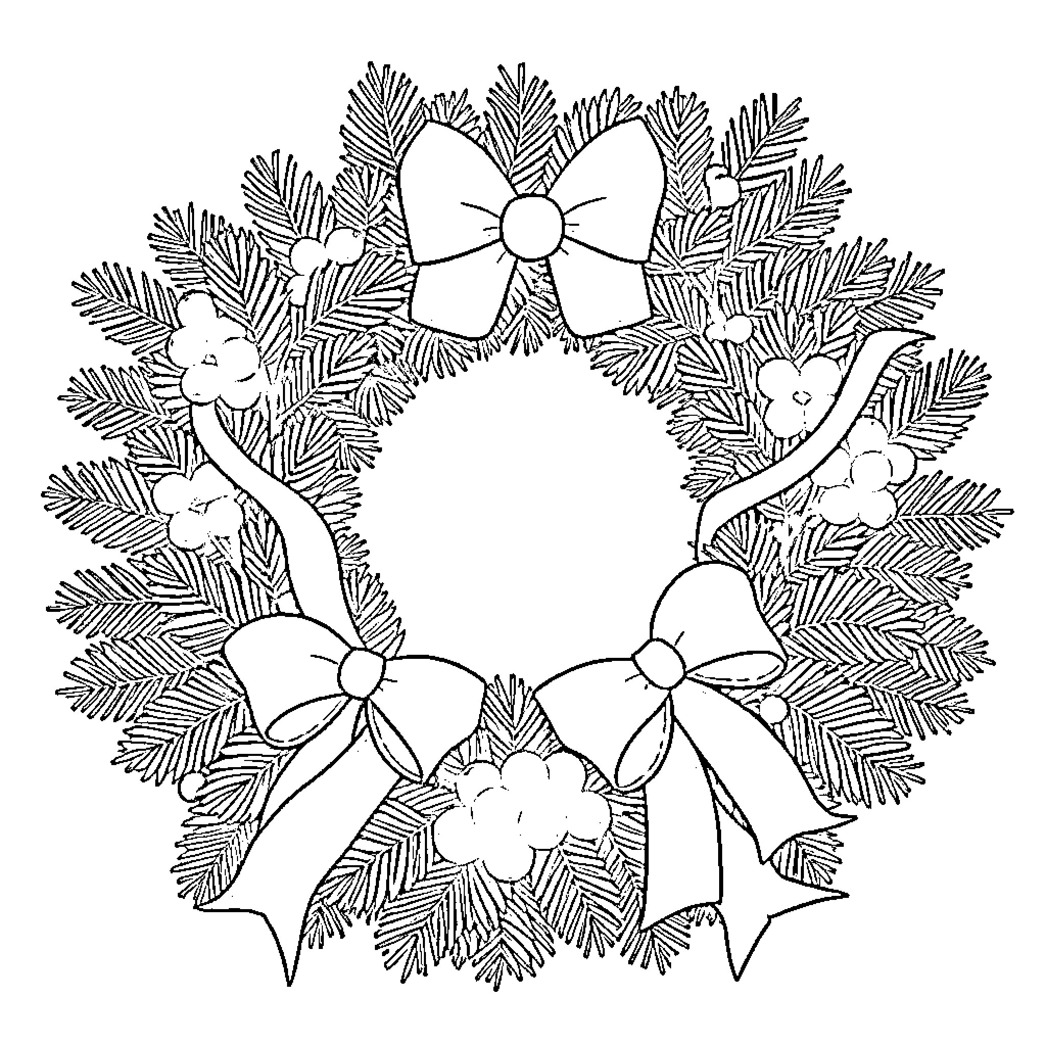 Wreath with Decorative Bows and Flowers Coloring Page (free black-and-white line drawing printable PDF for all, from beginners to advanced learners, including children, teens, adults, and seniors)