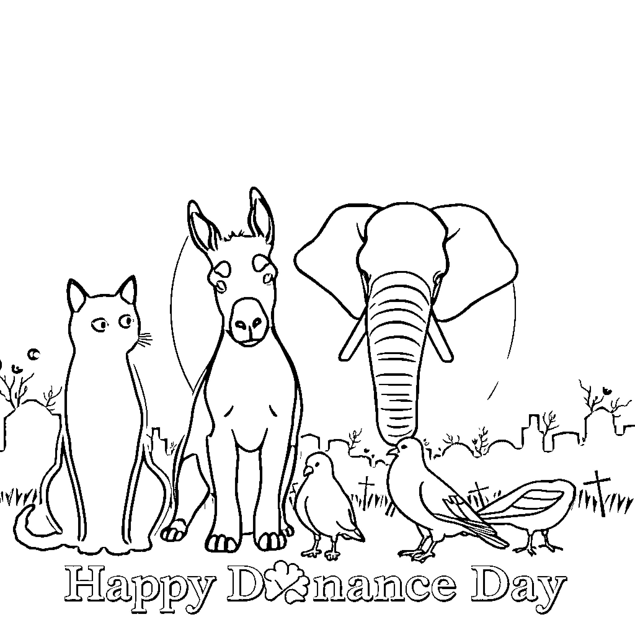 Animal friends celebrating Happy Dominance Day Coloring Page (free black-and-white line drawing printable PDF for all, from beginners to advanced learners, including children, teens, adults, and seniors)