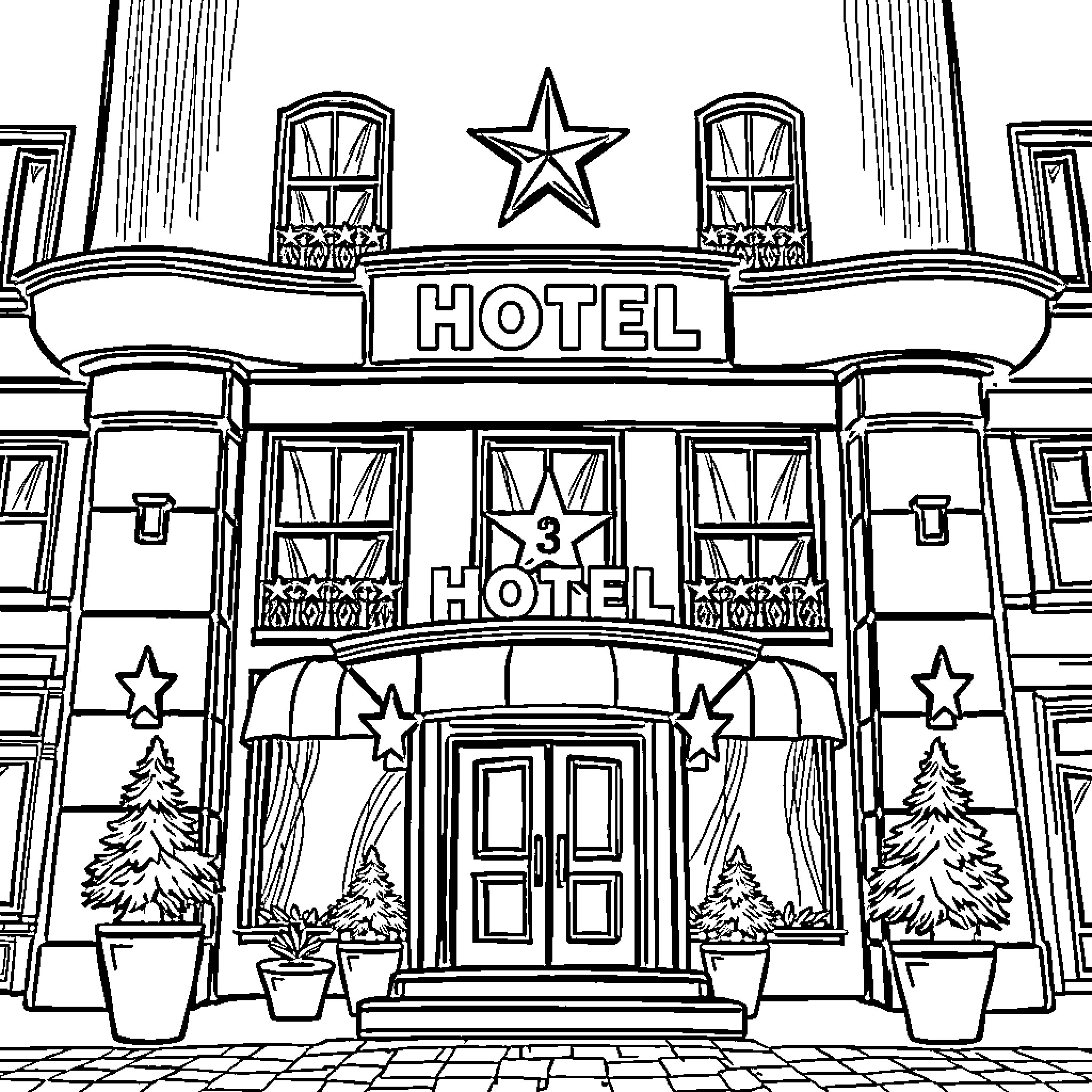 Star Hotel with Illuminated Entrance and Decor Coloring Page (free black-and-white line drawing printable PDF for all, from beginners to advanced learners, including children, teens, adults, and seniors)