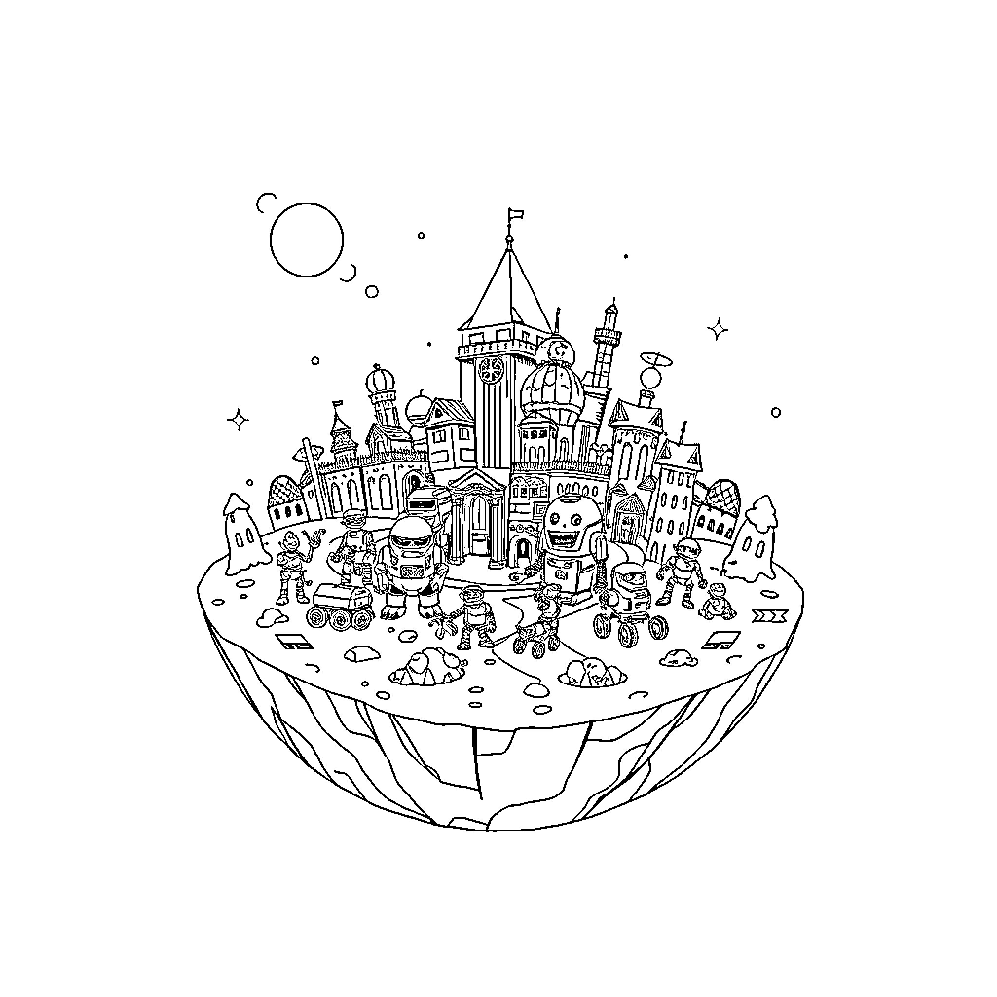 Planet of Whimsical Wonders and Imaginative Scenes Coloring Page (free black-and-white line drawing printable PDF for all, from beginners to advanced learners, including children, teens, adults, and seniors)