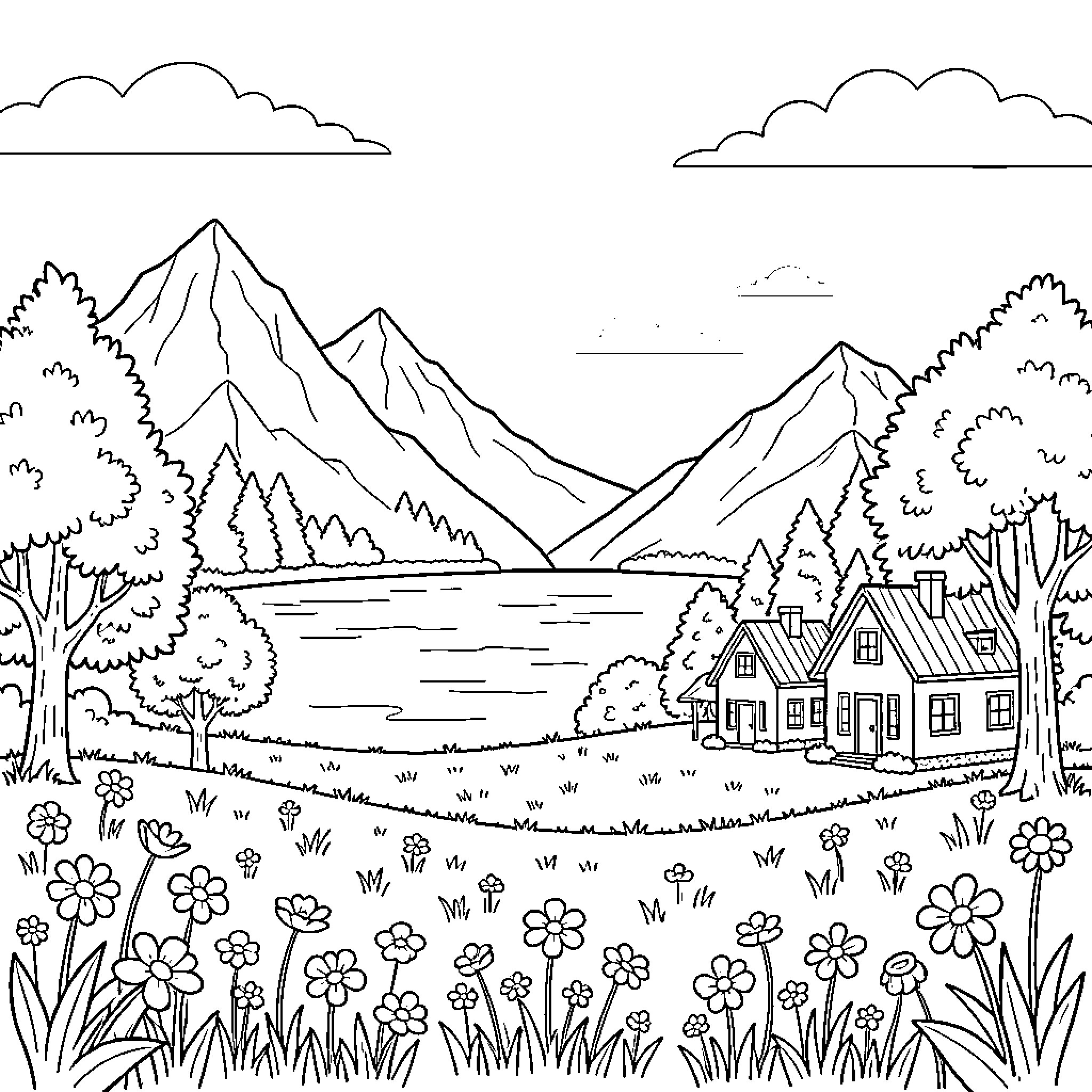 Landscape with mountain scenery and cozy village Coloring Page (free black-and-white line drawing printable PDF for all, from beginners to advanced learners, including children, teens, adults, and seniors)