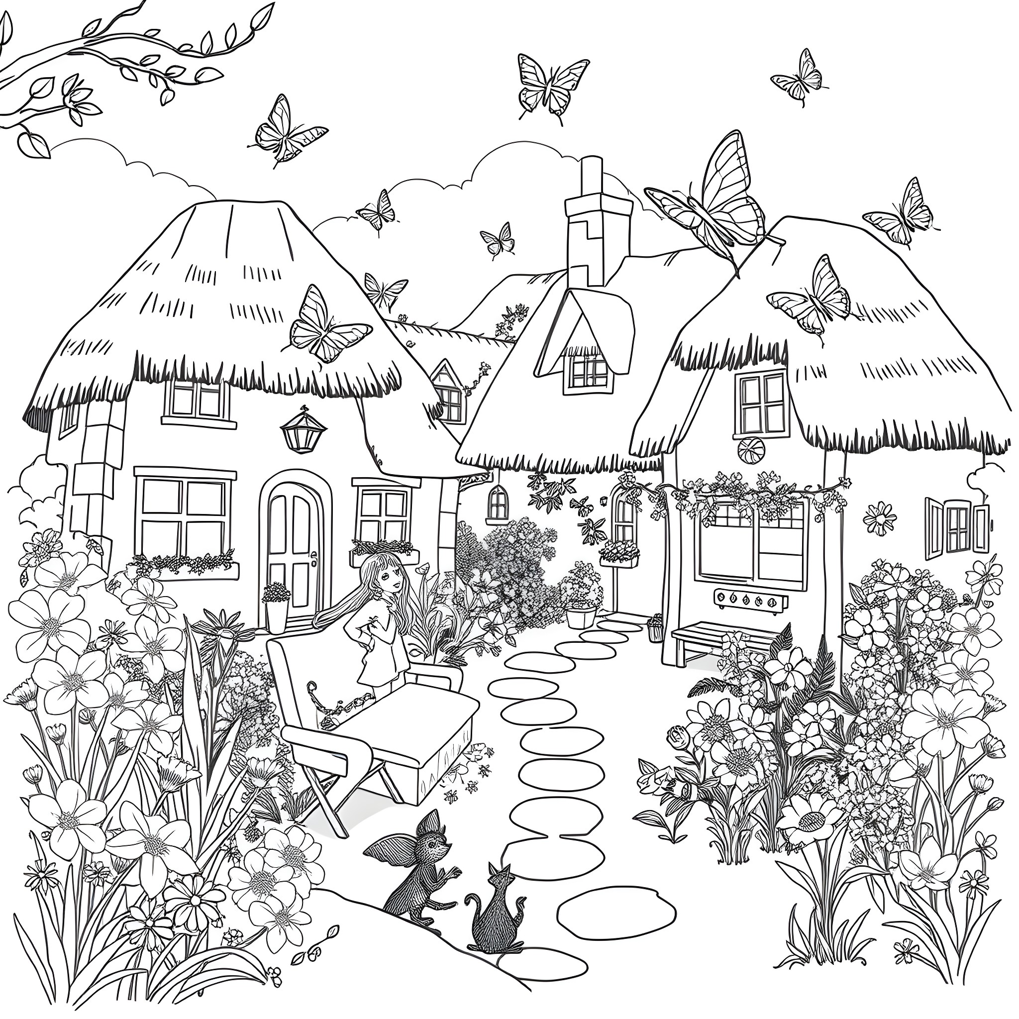 SHINee's Enchanting Cottage Garden Adventure Coloring Page (free black-and-white line drawing printable PDF for all, from beginners to advanced learners, including children, teens, adults, and seniors)