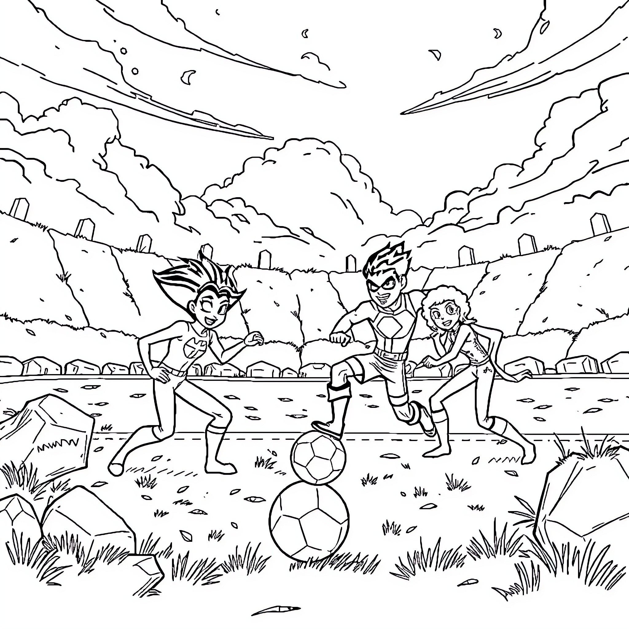 Teen Titans playing soccer in a field Coloring Page (free black-and-white line drawing printable PDF for all, from beginners to advanced learners, including children, teens, adults, and seniors)