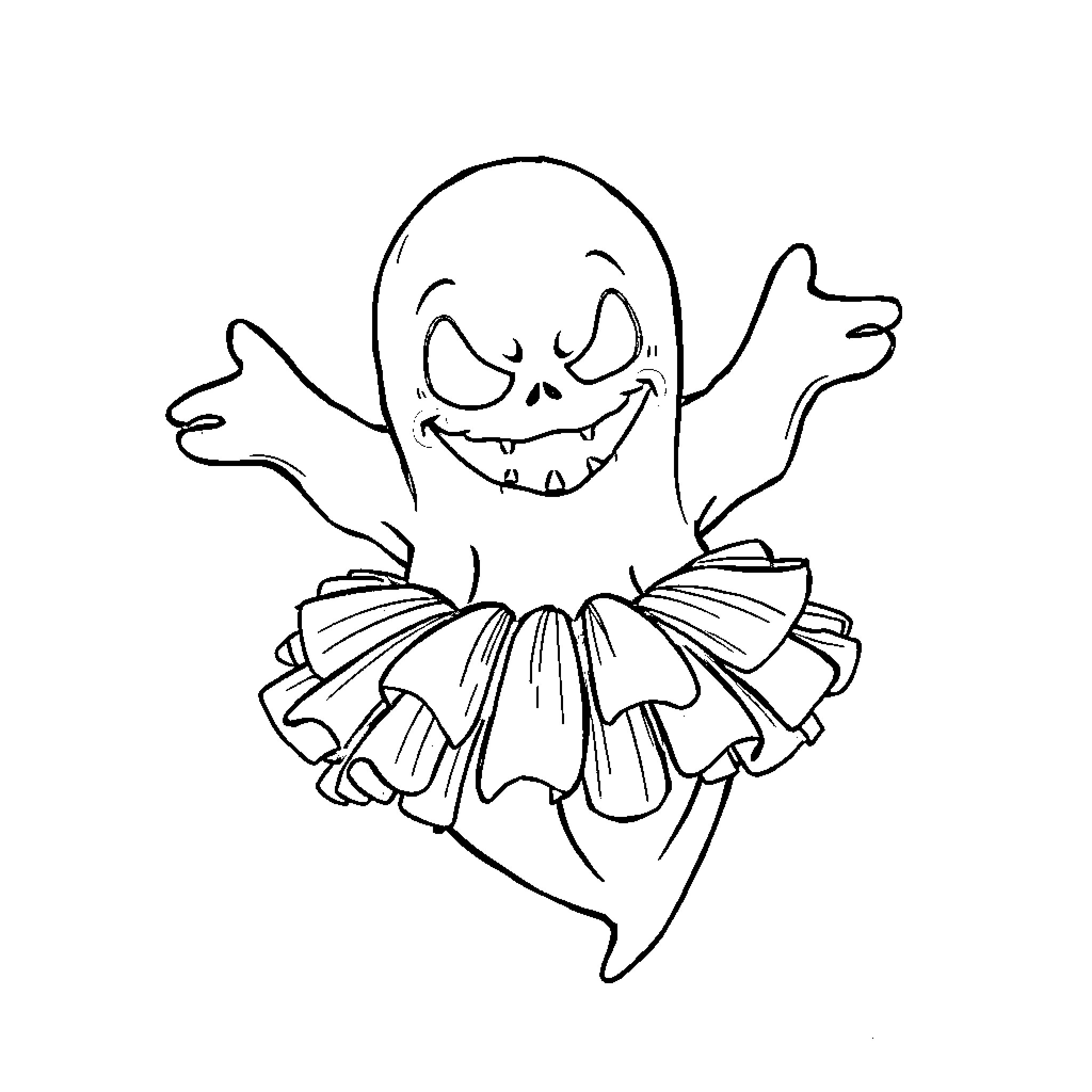 Ghost performing a silly dance Coloring Page (free black-and-white line drawing printable PDF for all, from beginners to advanced learners, including children, teens, adults, and seniors)