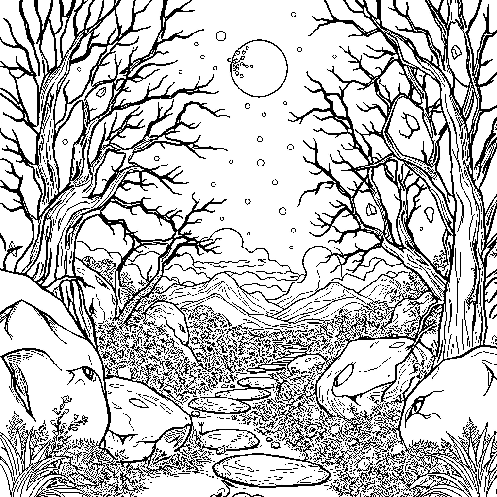 Dih Enchanted Wintry Forest Landscape Coloring Page (free black-and-white line drawing printable PDF for all, from beginners to advanced learners, including children, teens, adults, and seniors)