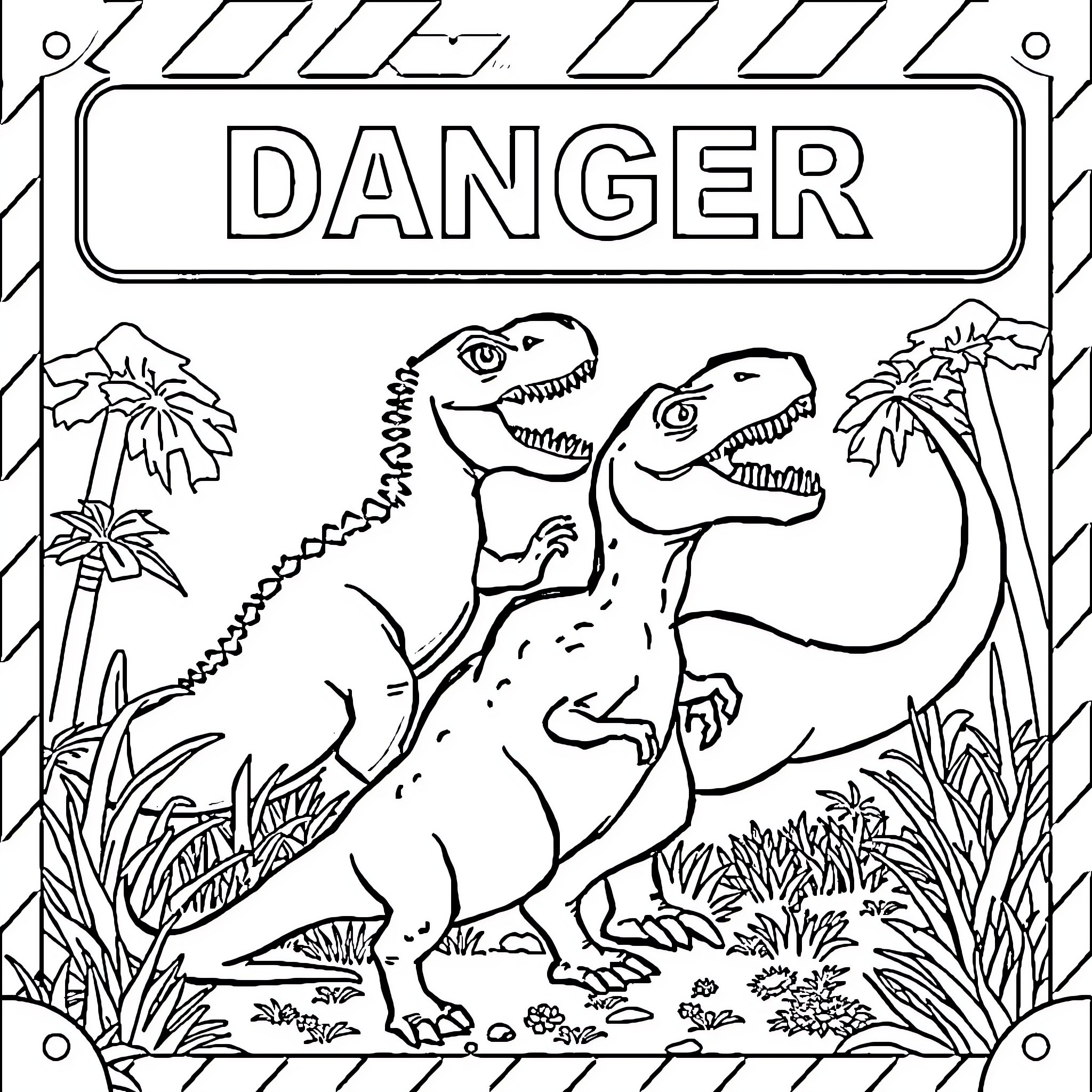 Dinosaur Danger in the Jurassic Wilderness Coloring Page (free black-and-white line drawing printable PDF for all, from beginners to advanced learners, including children, teens, adults, and seniors)