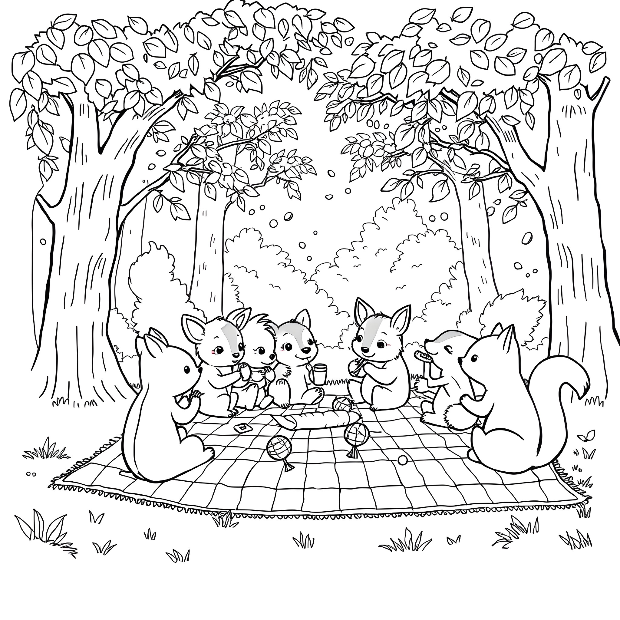 Animal friends picnicking in the forest Coloring Page (free black-and-white line drawing printable PDF for all, from beginners to advanced learners, including children, teens, adults, and seniors)