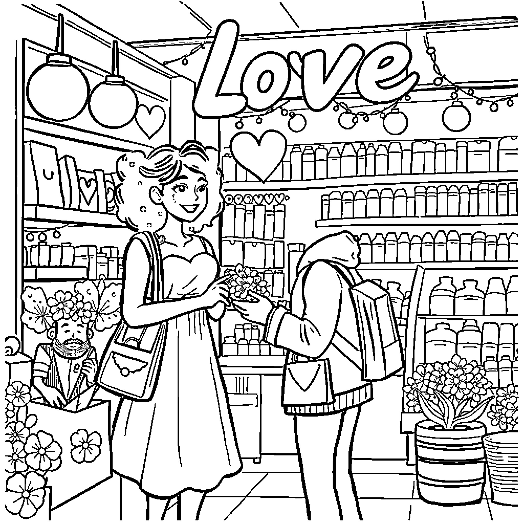 Love Blossoms in the Flower Shop Coloring Page (free black-and-white line drawing printable PDF for all, from beginners to advanced learners, including children, teens, adults, and seniors)