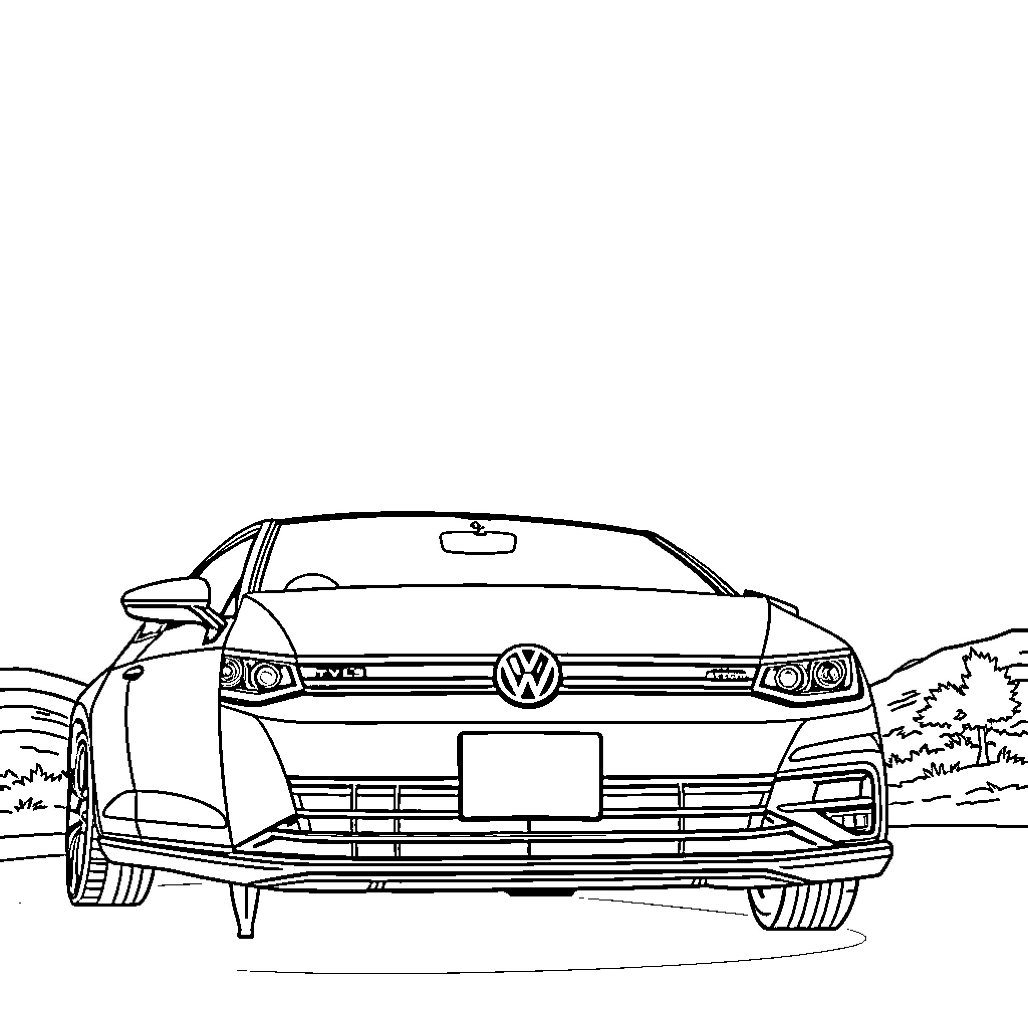 Volkswagen sports car on scenic country road Coloring Page (free black-and-white line drawing printable PDF for all, from beginners to advanced learners, including children, teens, adults, and seniors)