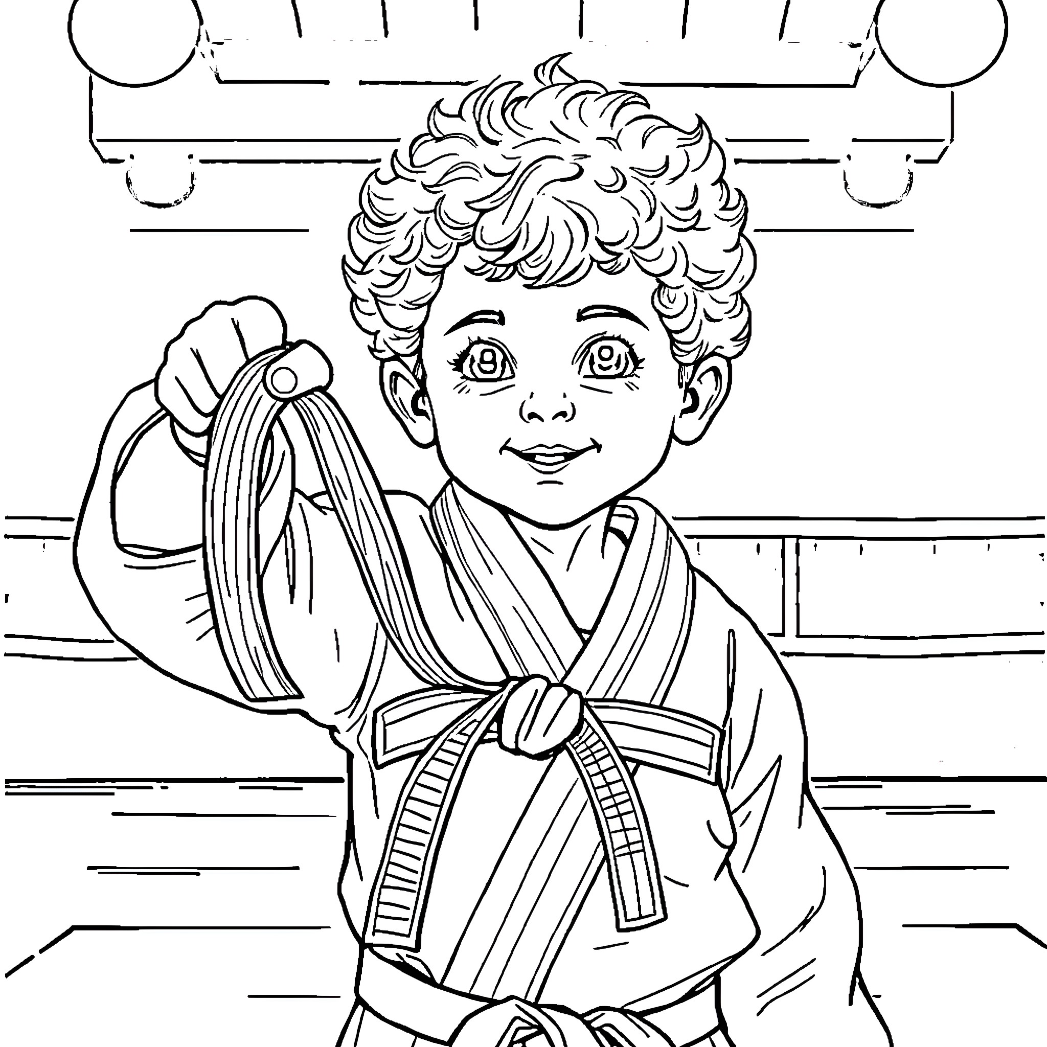 Child in traditional martial arts uniform practicing moves Coloring Page (free black-and-white line drawing printable PDF for all, from beginners to advanced learners, including children, teens, adults, and seniors)