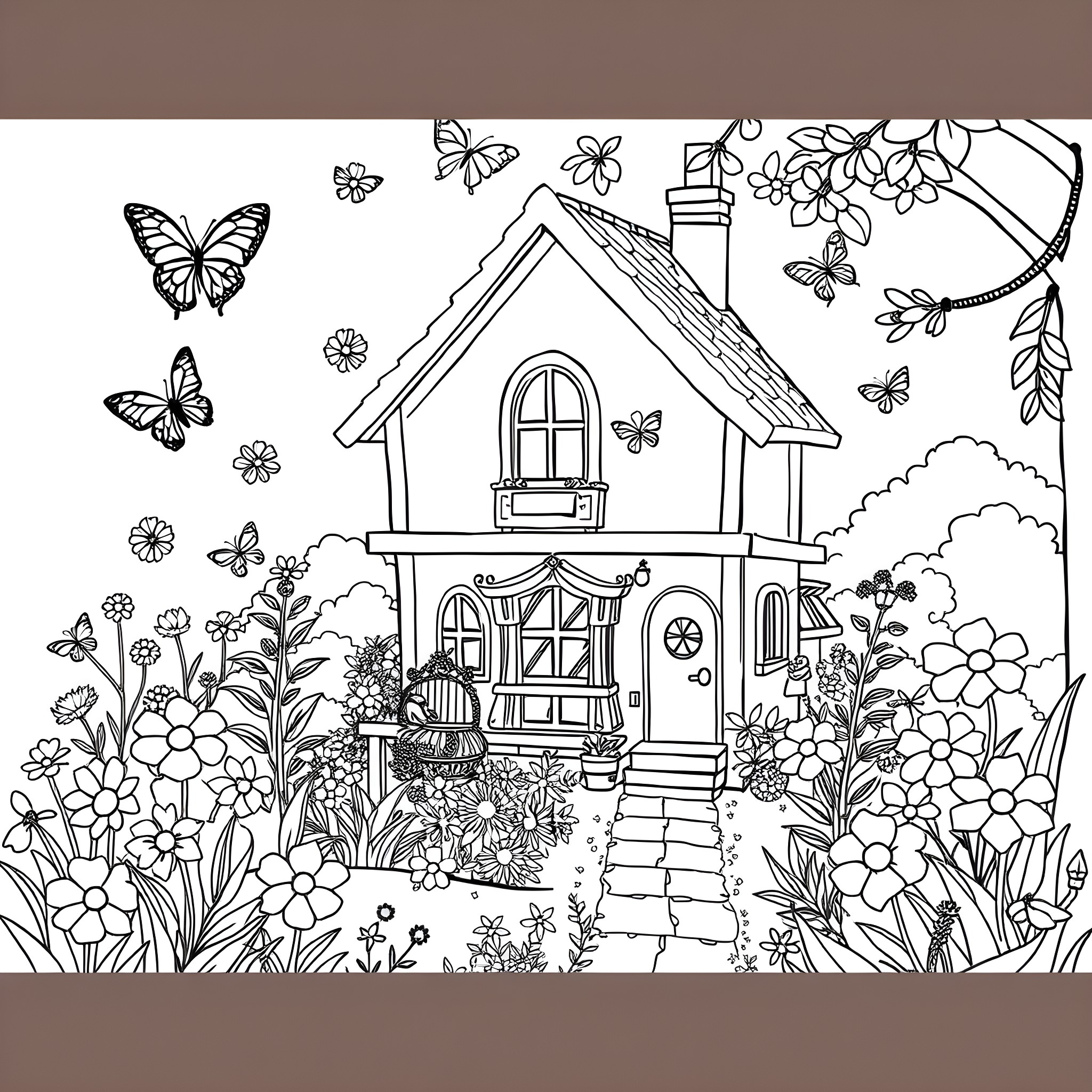 Dollhouse in a Whimsical Garden Coloring Page (free black-and-white line drawing printable PDF for all, from beginners to advanced learners, including children, teens, adults, and seniors)