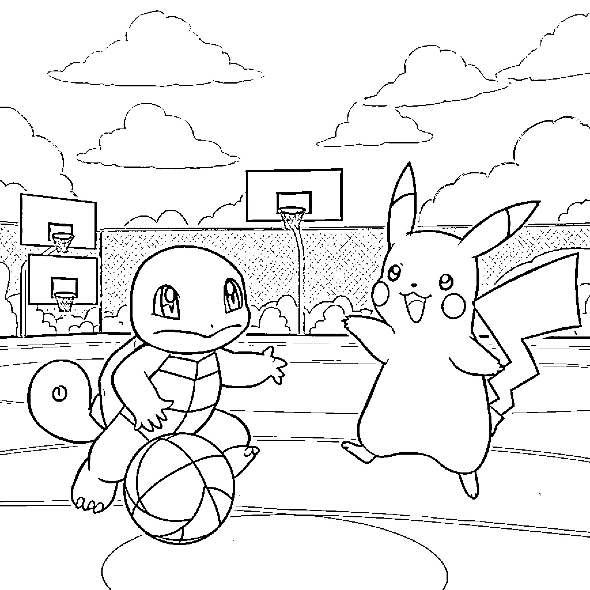 Squirtle playing basketball with Pikachu on the court Coloring Page (free black-and-white line drawing printable PDF for all, from beginners to advanced learners, including children, teens, adults, and seniors)