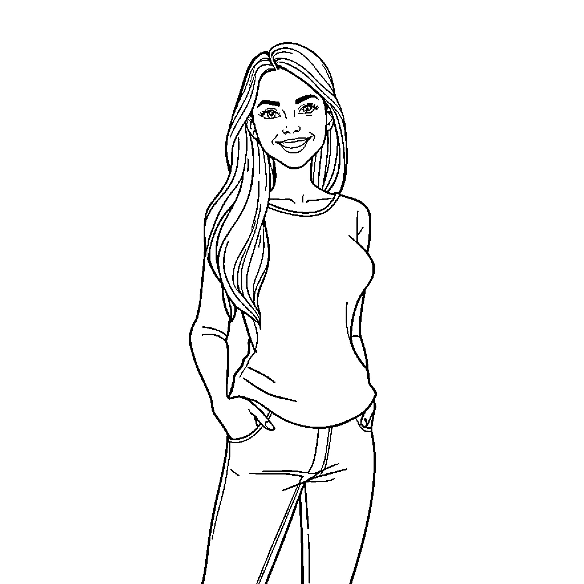 Senia's Smiling Portrait Coloring Page (free black-and-white line drawing printable PDF for all, from beginners to advanced learners, including children, teens, adults, and seniors)
