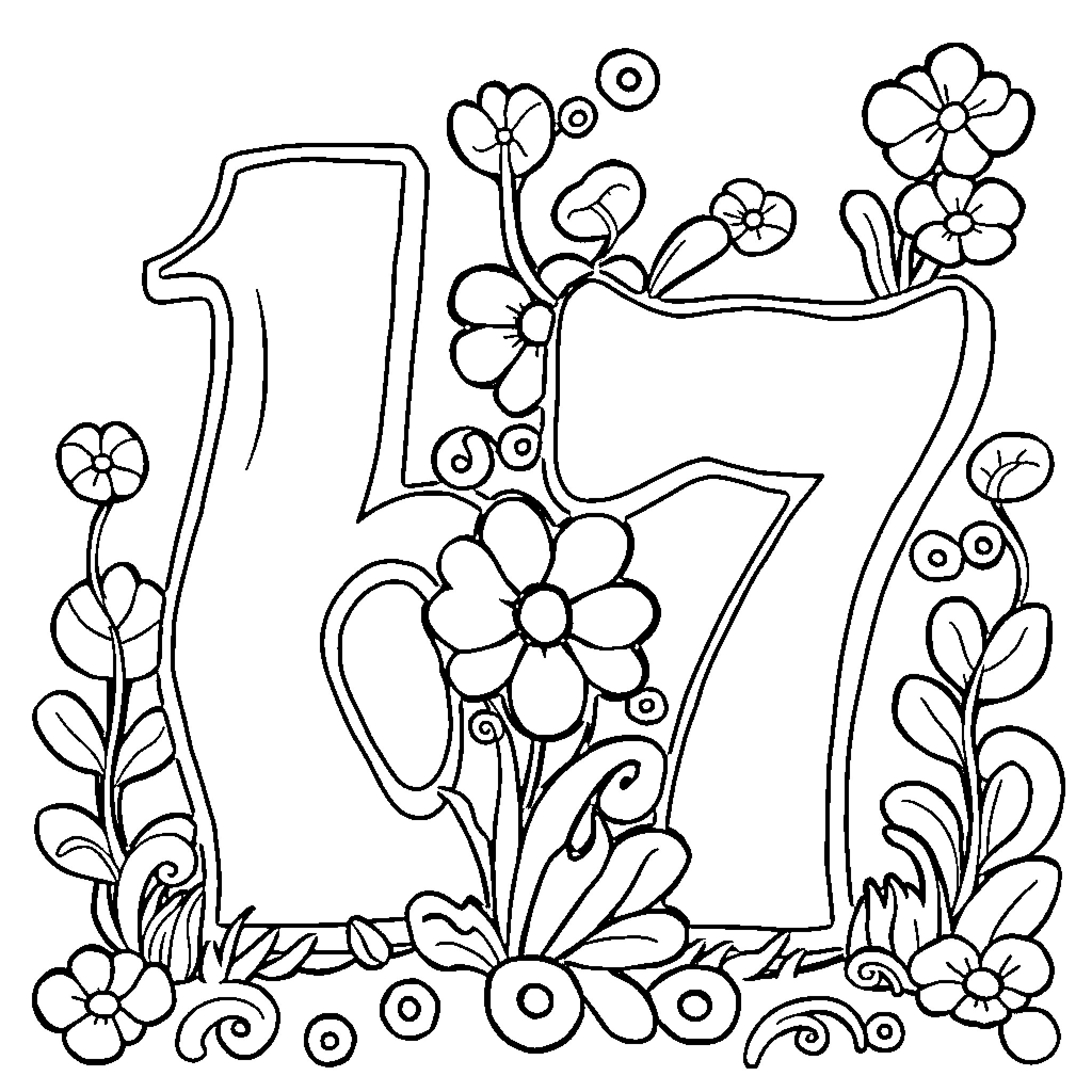 Numbers and Flowers Illustration Coloring Page (free black-and-white line drawing printable PDF for all, from beginners to advanced learners, including children, teens, adults, and seniors)