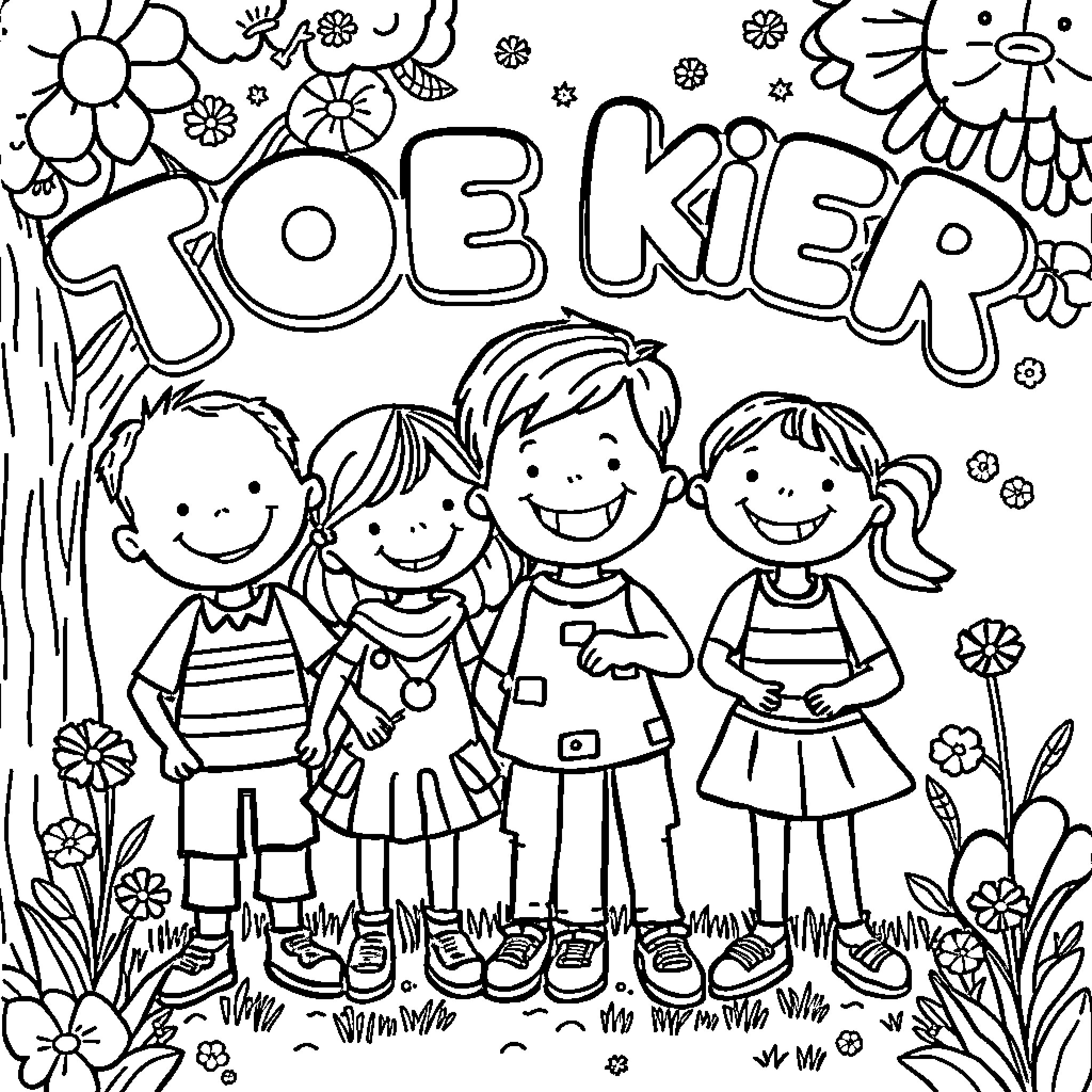 Kids smiling and playing in a floral garden Coloring Page (free black-and-white line drawing printable PDF for all, from beginners to advanced learners, including children, teens, adults, and seniors)