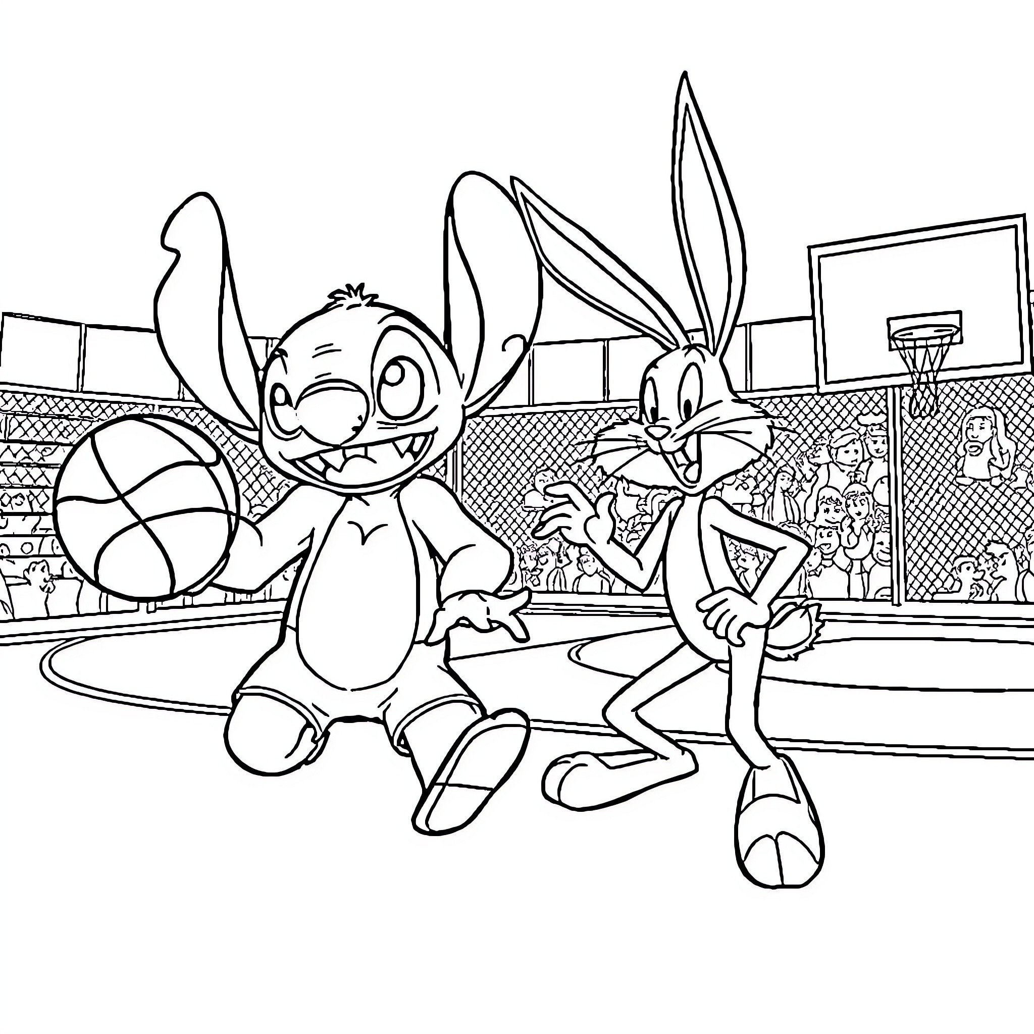 Stitch and Bugs Bunny playing basketball Coloring Page (free black-and-white line drawing printable PDF for all, from beginners to advanced learners, including children, teens, adults, and seniors)
