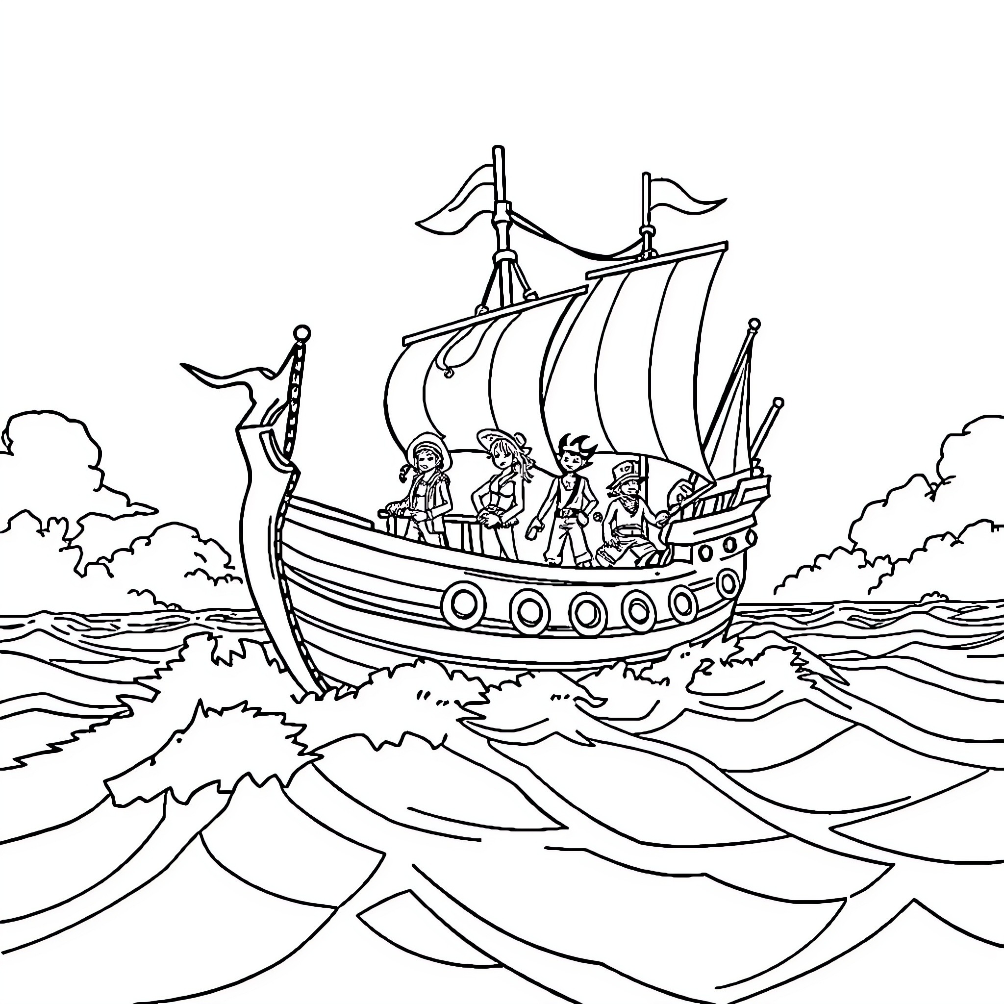 Peace Voyage at Sea in a Sailing Ship Coloring Page (free black-and-white line drawing printable PDF for all, from beginners to advanced learners, including children, teens, adults, and seniors)