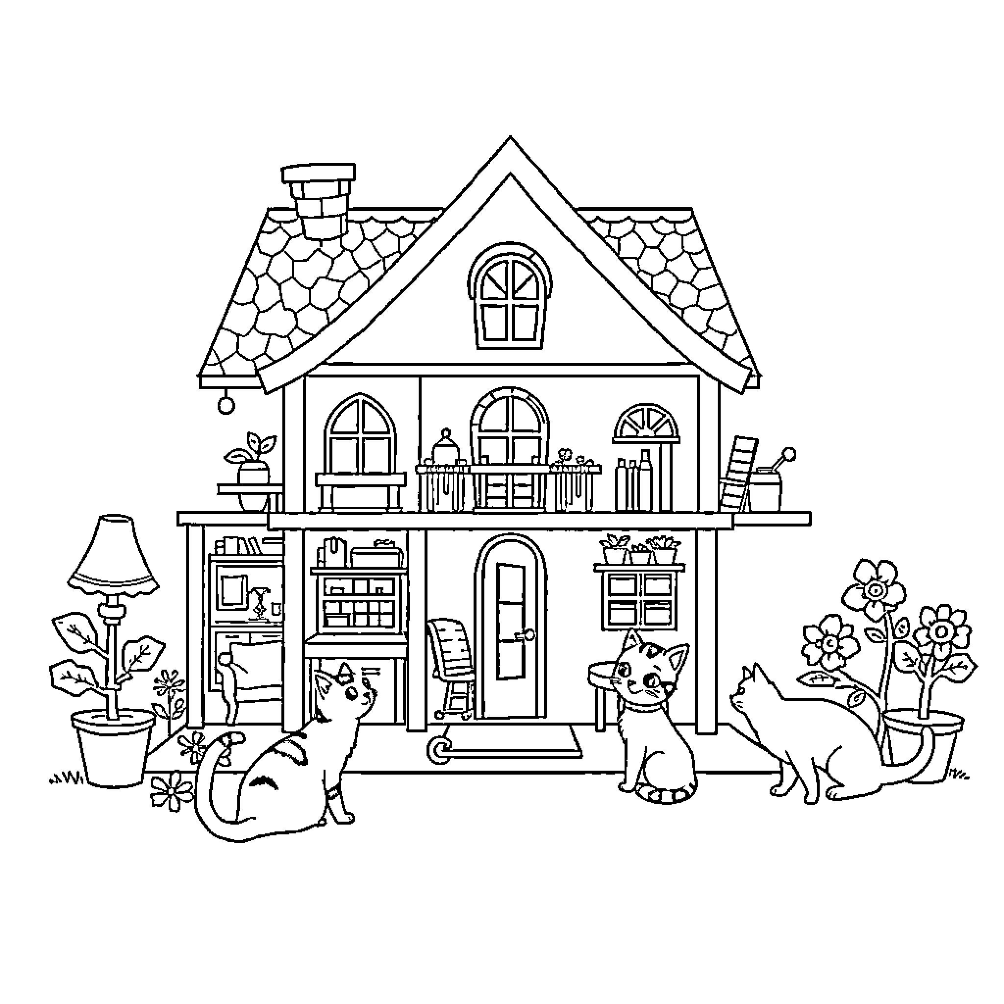 Gabby's Dollhouse: Adorable pets explore cozy cottage Coloring Page (free black-and-white line drawing printable PDF for all, from beginners to advanced learners, including children, teens, adults, and seniors)