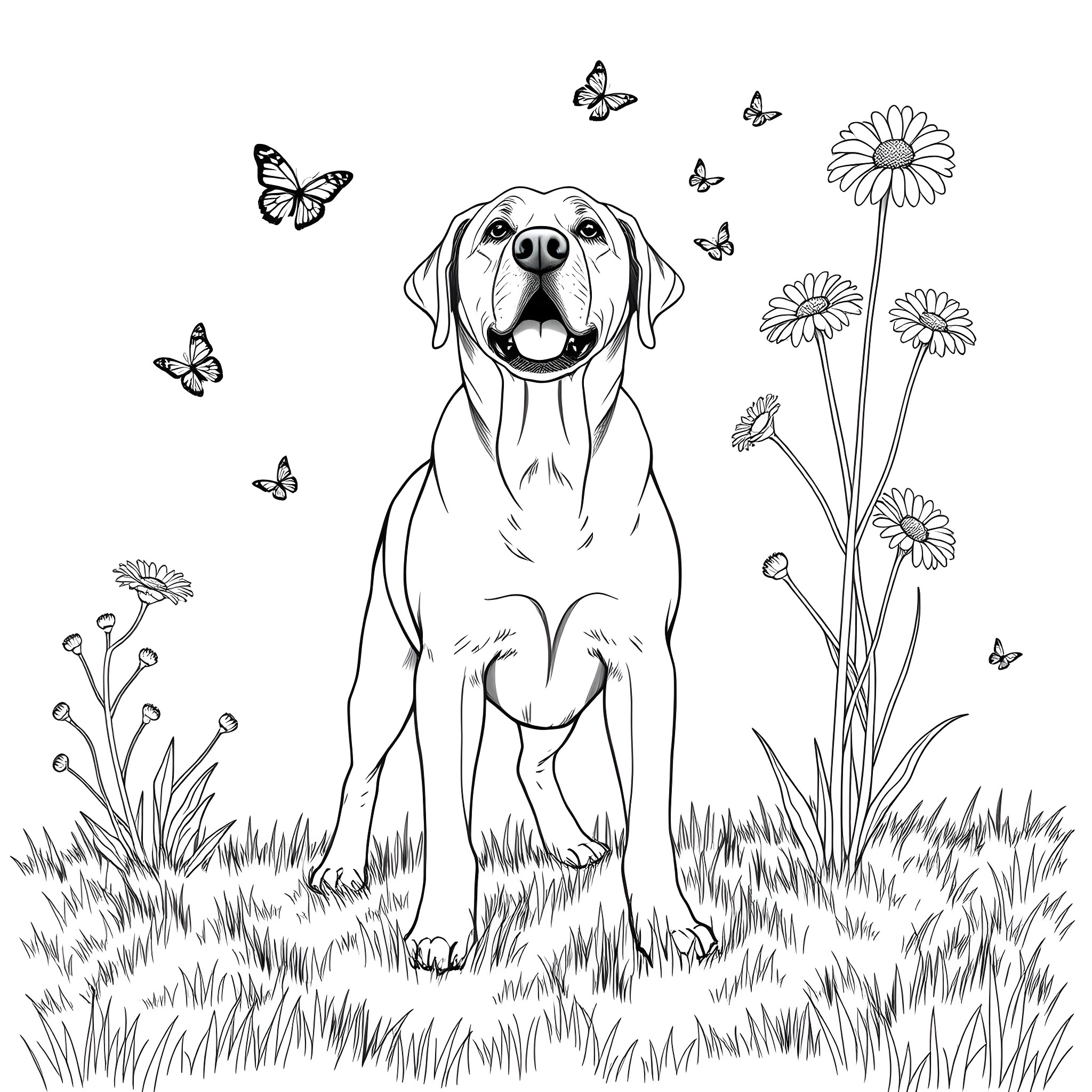 Labrador Retriever playing in a floral meadow Coloring Page (free black-and-white line drawing printable PDF for all, from beginners to advanced learners, including children, teens, adults, and seniors)