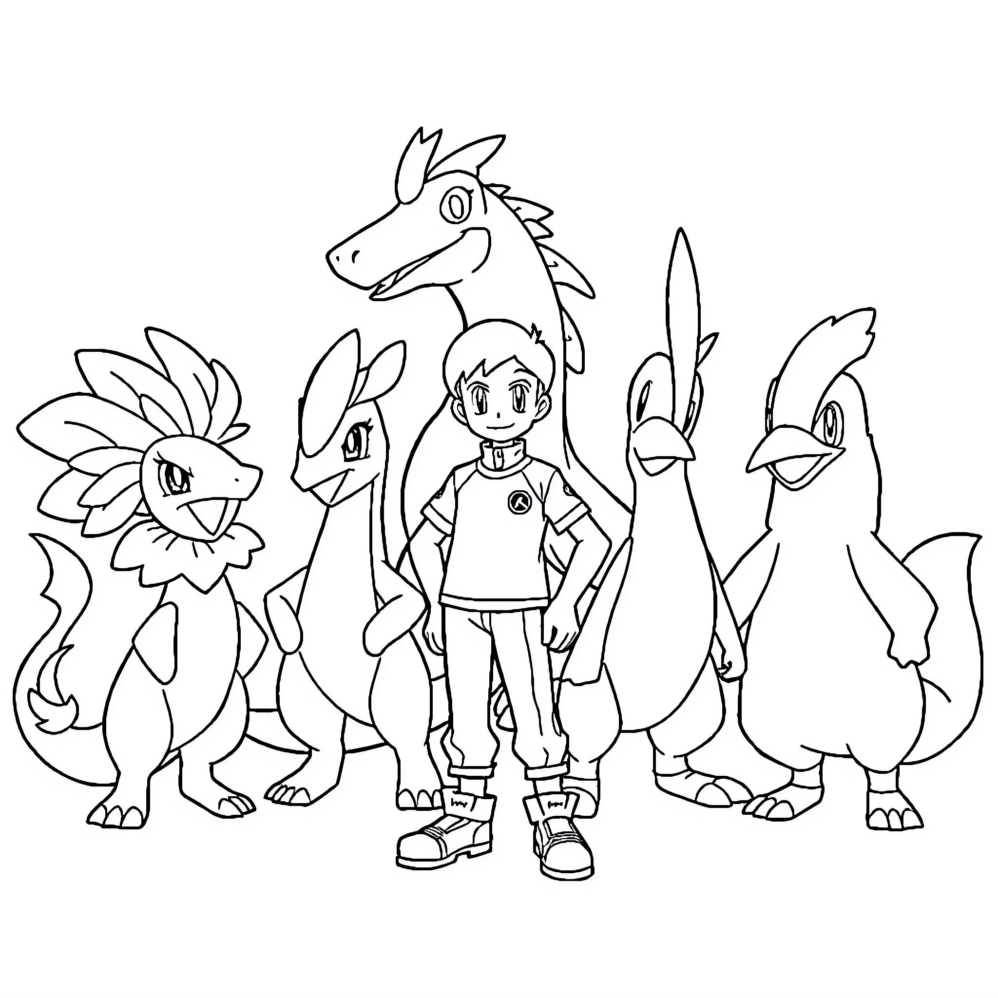 Trainer with cartoon creatures in black and white Coloring Page (free black-and-white line drawing printable PDF for all, from beginners to advanced learners, including children, teens, adults, and seniors)