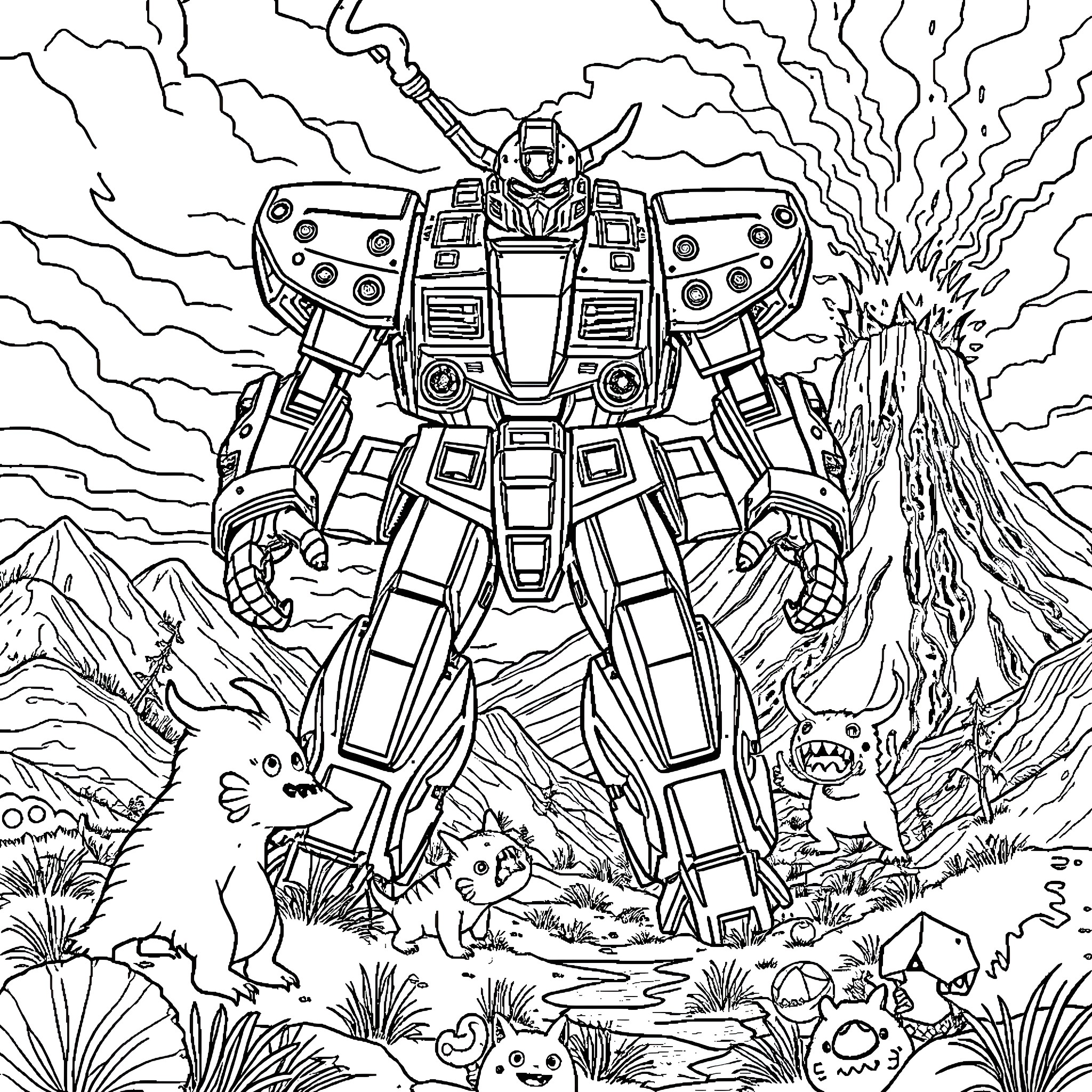 Mech Suit Battling in Fantastical Landscape Coloring Page (free black-and-white line drawing printable PDF for all, from beginners to advanced learners, including children, teens, adults, and seniors)