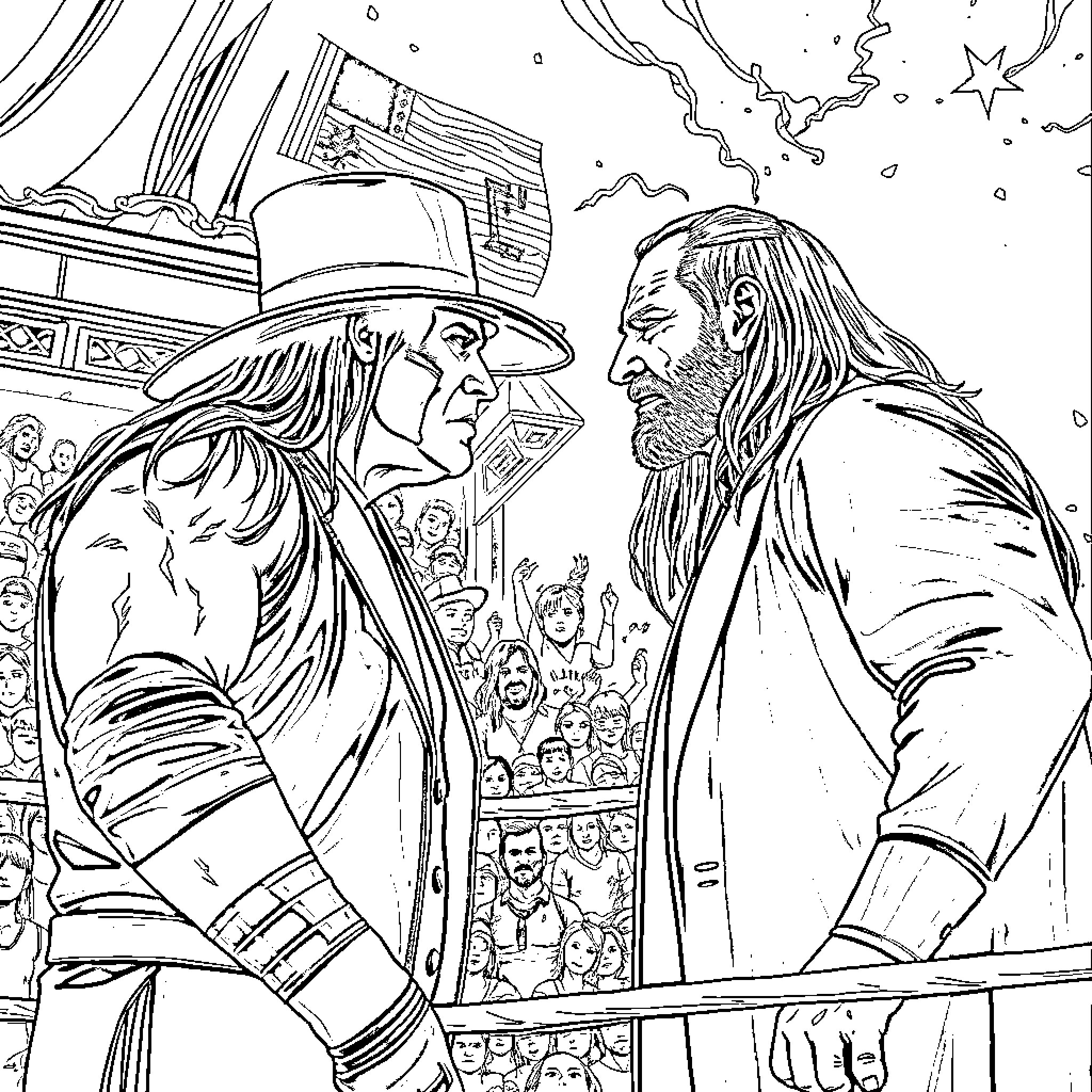 Undertaker confronting a mysterious figure in a crowded arena Coloring Page (free black-and-white line drawing printable PDF for all, from beginners to advanced learners, including children, teens, adults, and seniors)