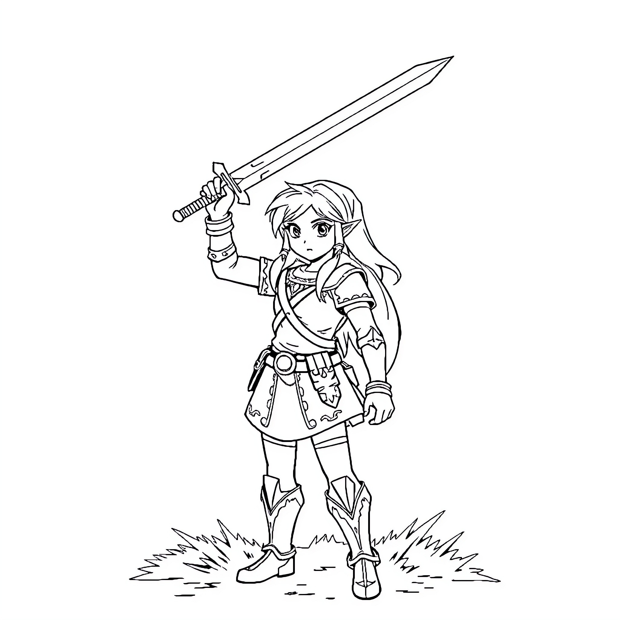 Zelda Heroically Wielding Sword in Adventure Coloring Page (free black-and-white line drawing printable PDF for all, from beginners to advanced learners, including children, teens, adults, and seniors)