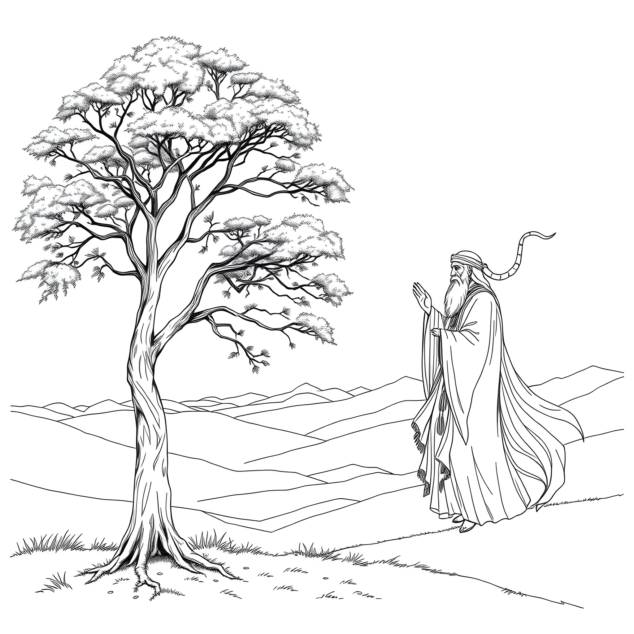 Spirit of the Ancient Landscape Coloring Page (free black-and-white line drawing printable PDF for all, from beginners to advanced learners, including children, teens, adults, and seniors)